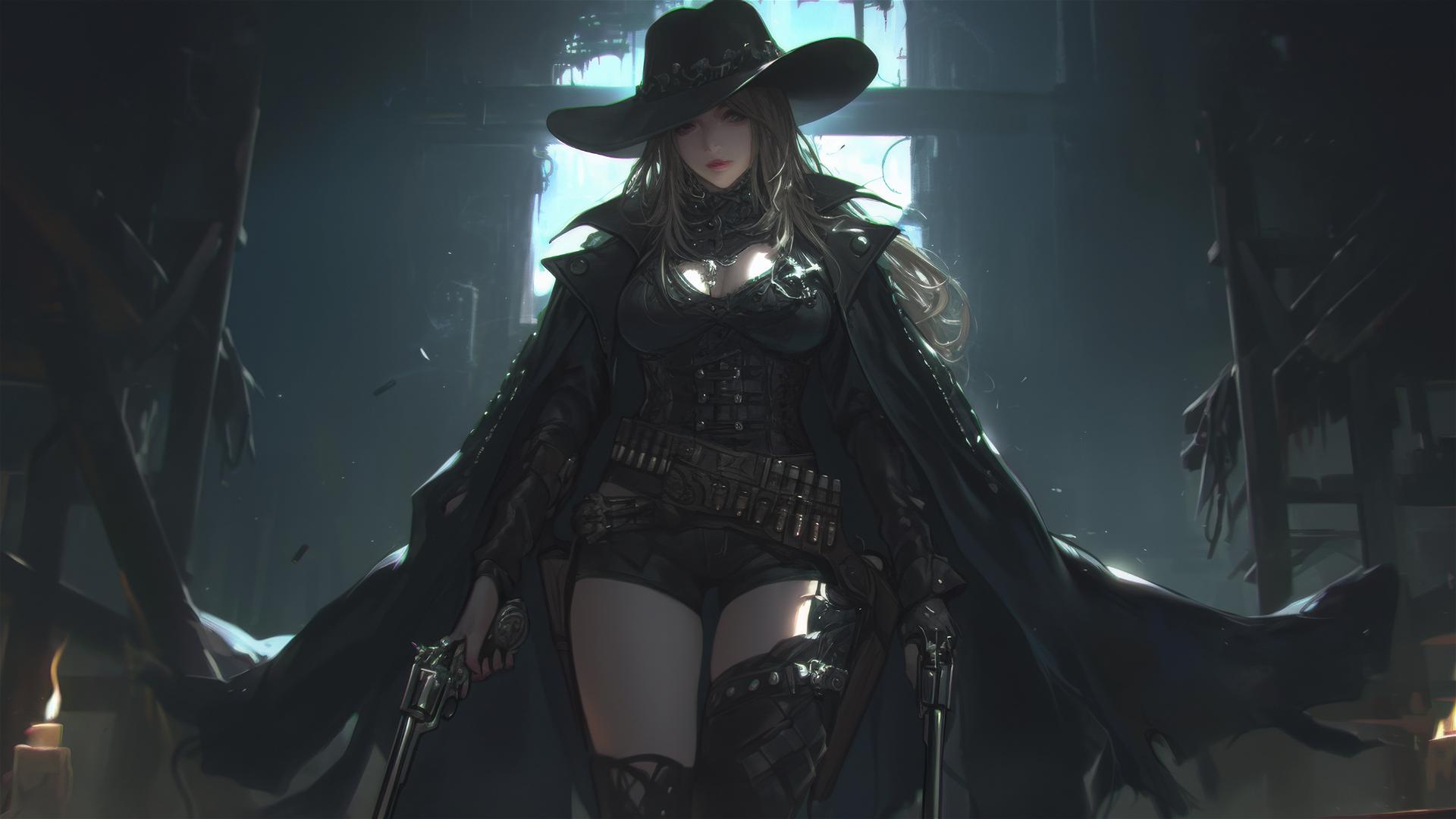 Wild West Gunslinger Girl on dark background with spotlight effect