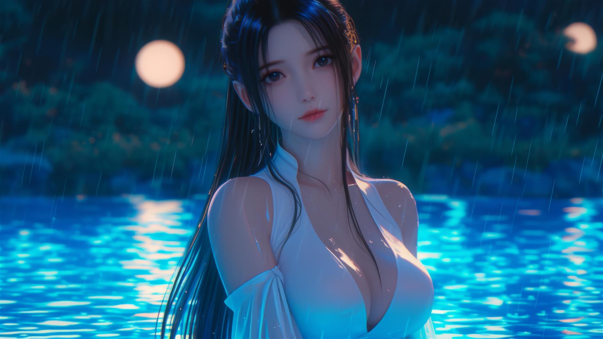 Fantasy Elf girl standing in rainy pool under moonlight