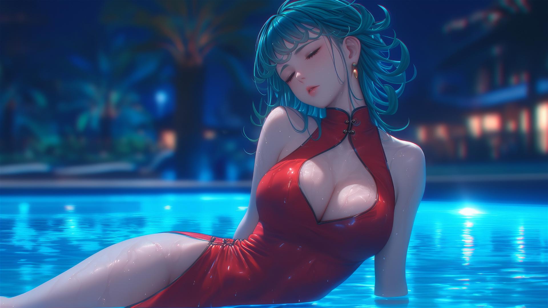 Tatsumaki from One-Punch Man by poolside under moonlight, rain falling, in red dress