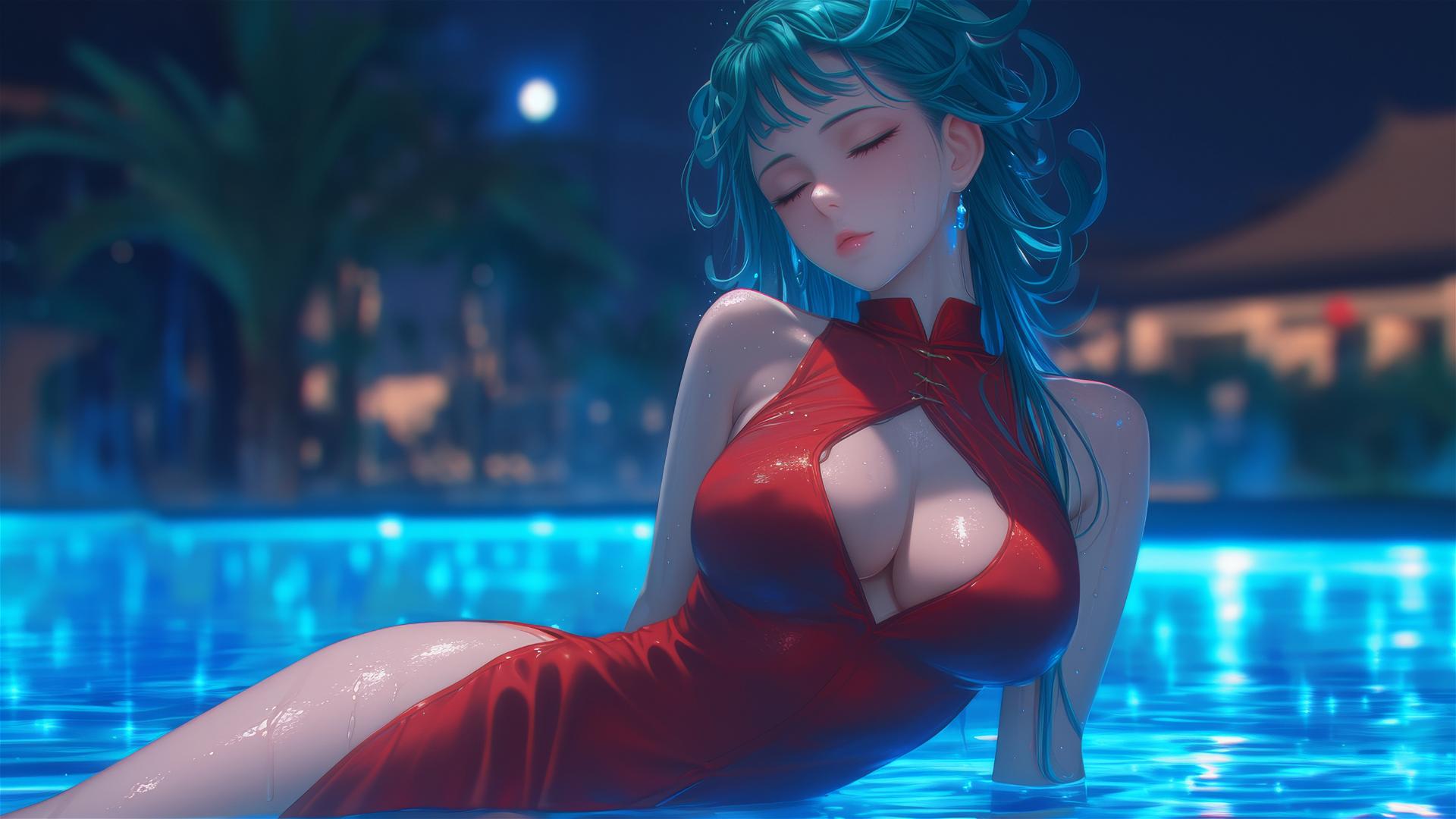 Tatsumaki from One-Punch Man resting by pool in moonlight with rain, red dress