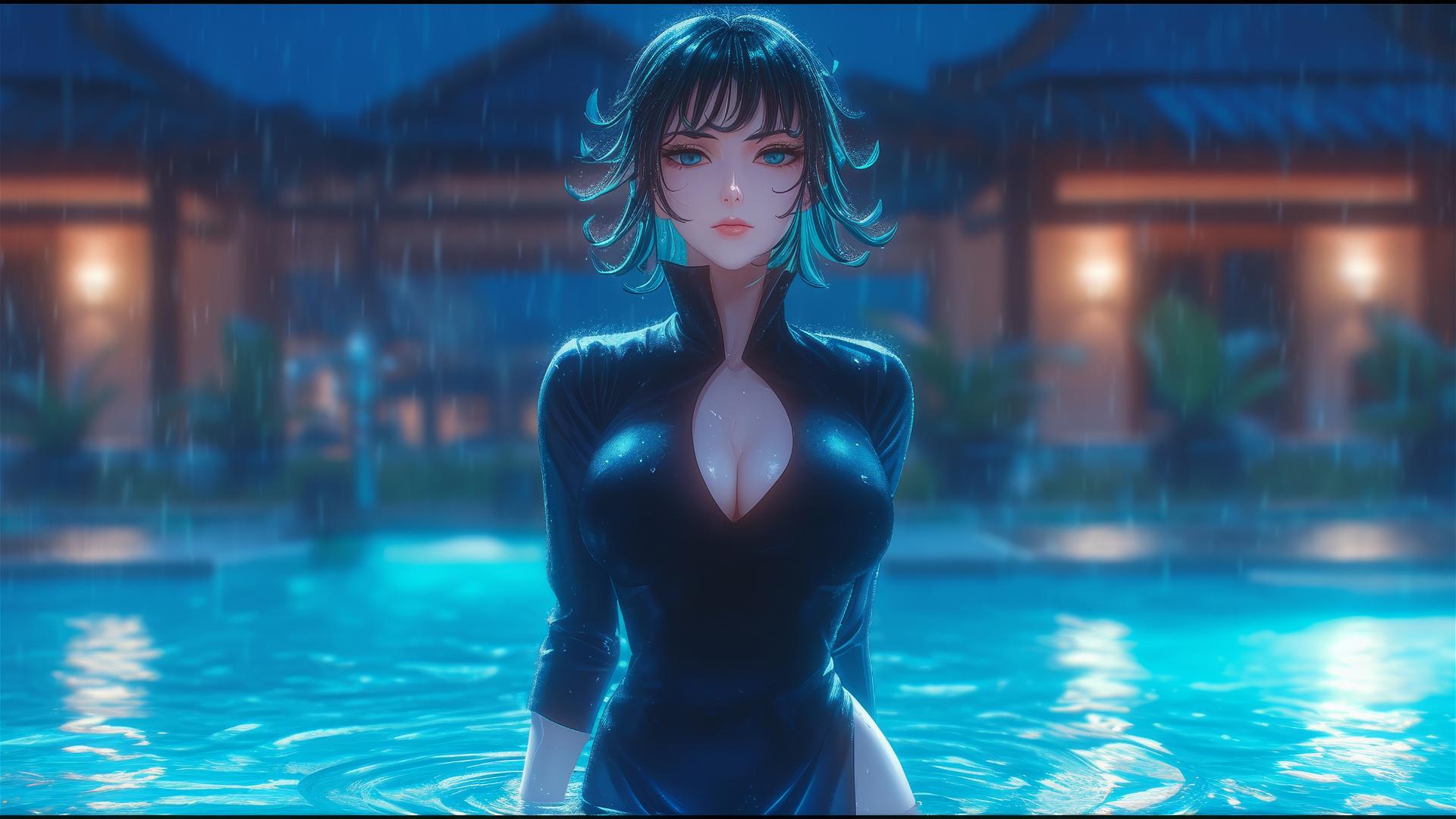 Tatsumaki in pool with moonlight and rain