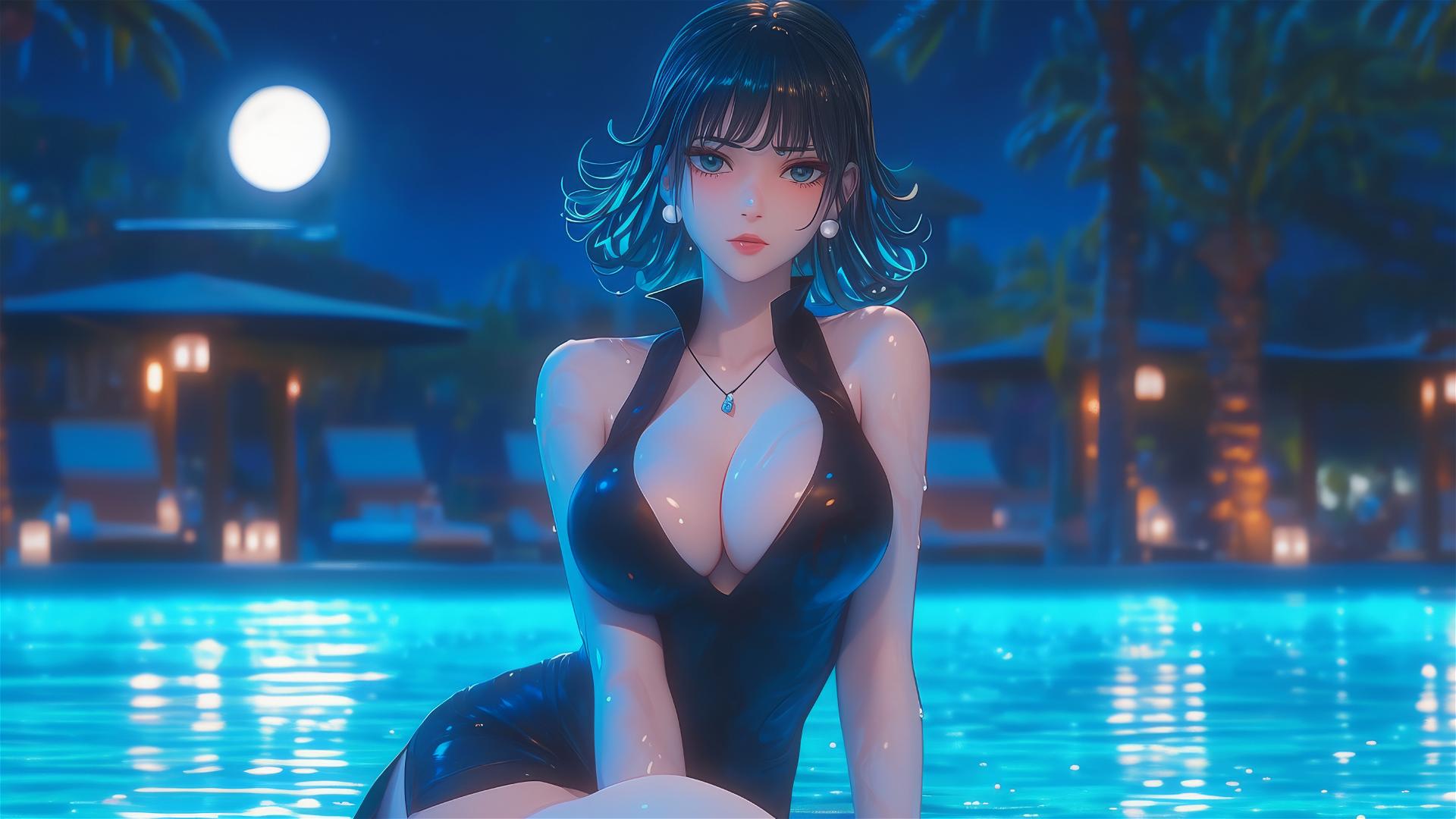 Tatsumaki, One-Punch Man character, resting by pool under moonlight