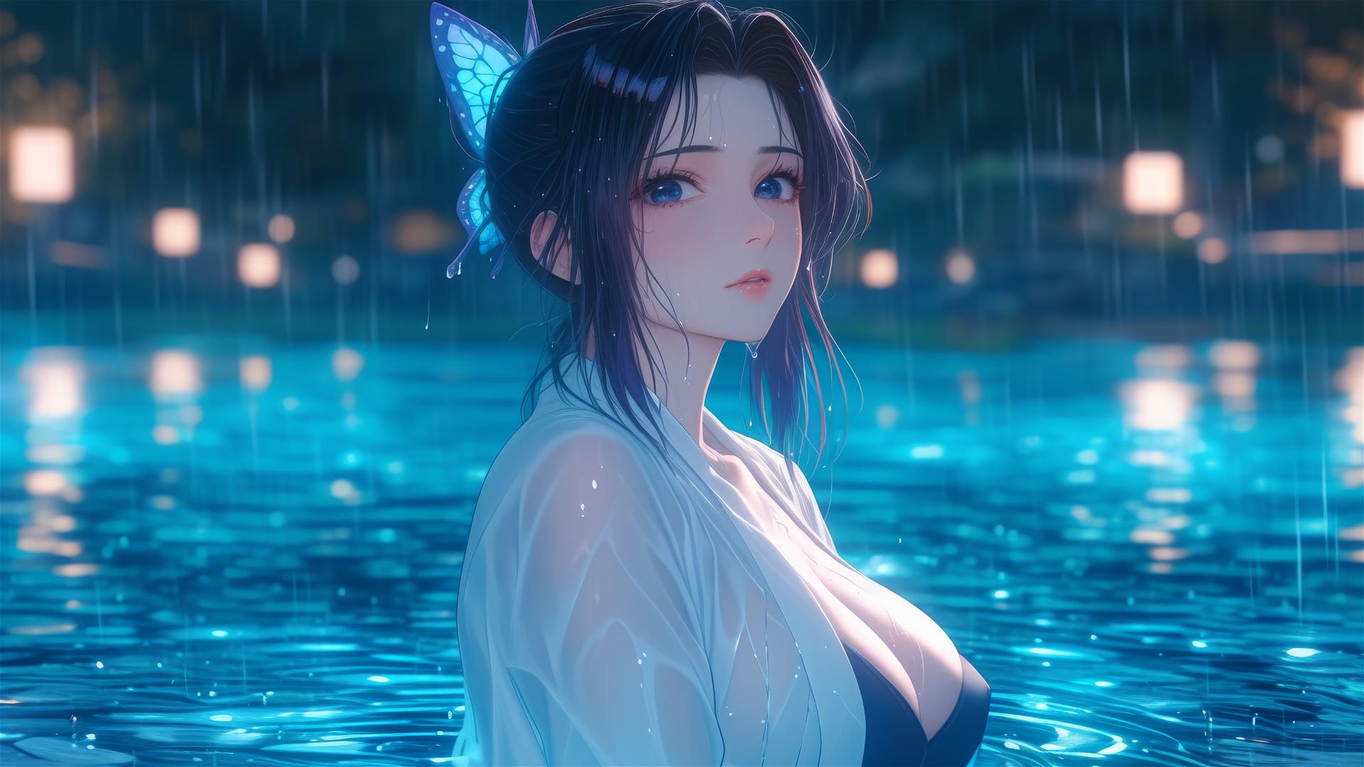 Shinobu Kocho in rainy pool with moonlight glow