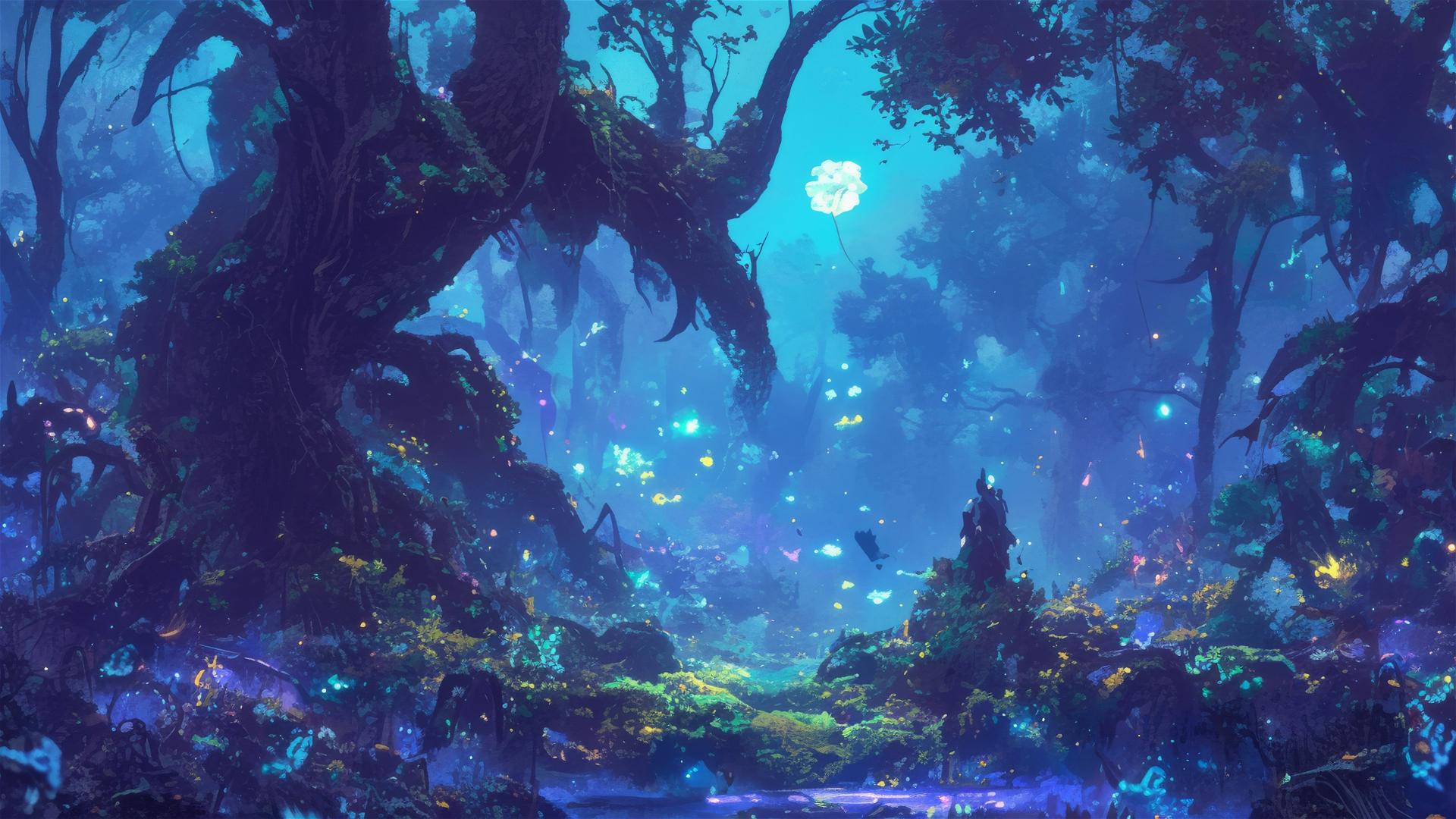 Bioluminescent plants and translucent spirits in deep woods