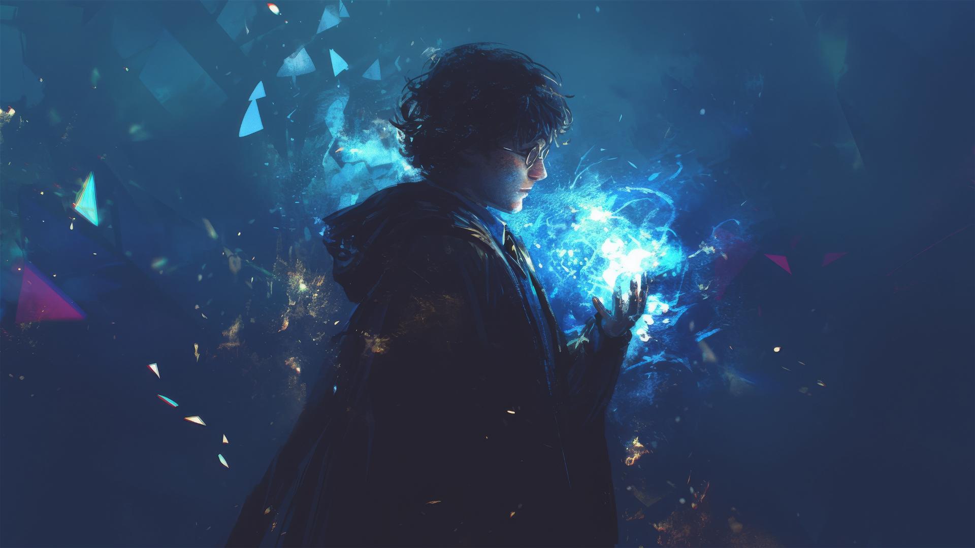 Artistic image of Harry Potter on a dark background with spotlight effect