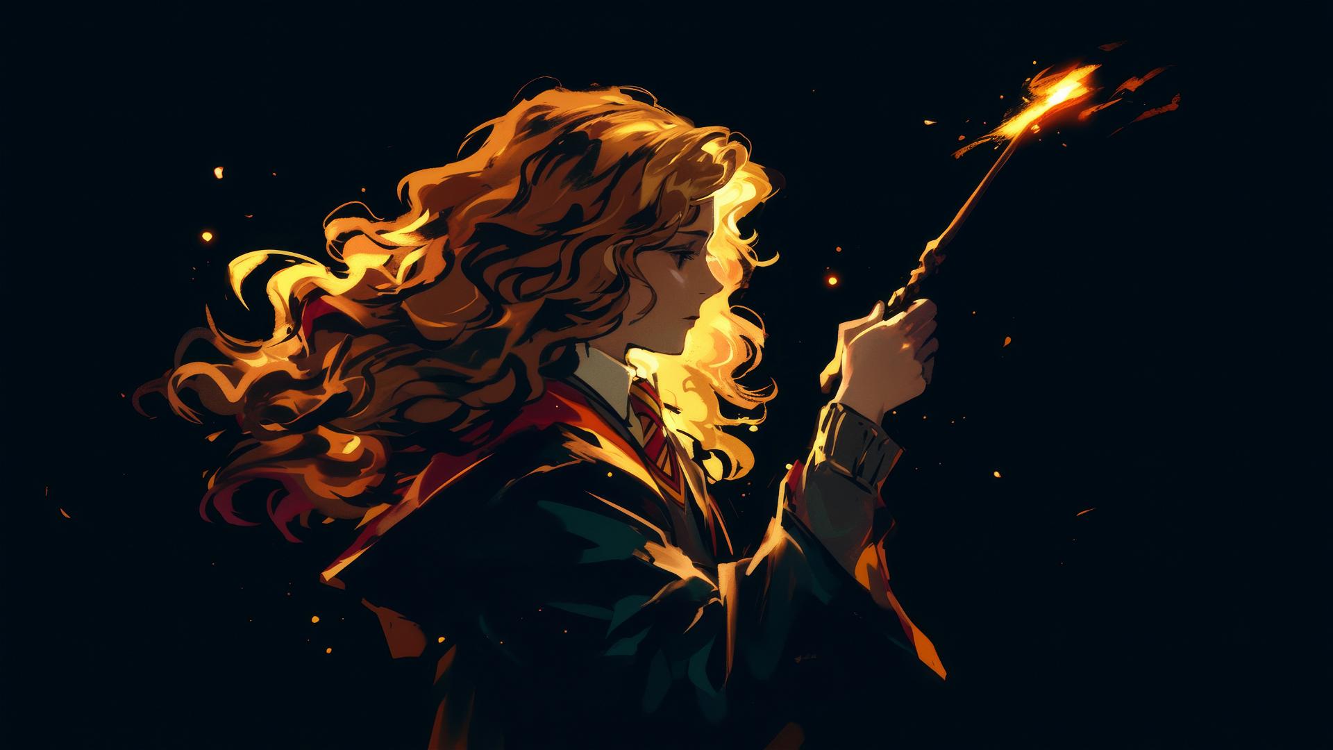 Artistic drawing of Hermione Granger with a dark background and spotlight effect