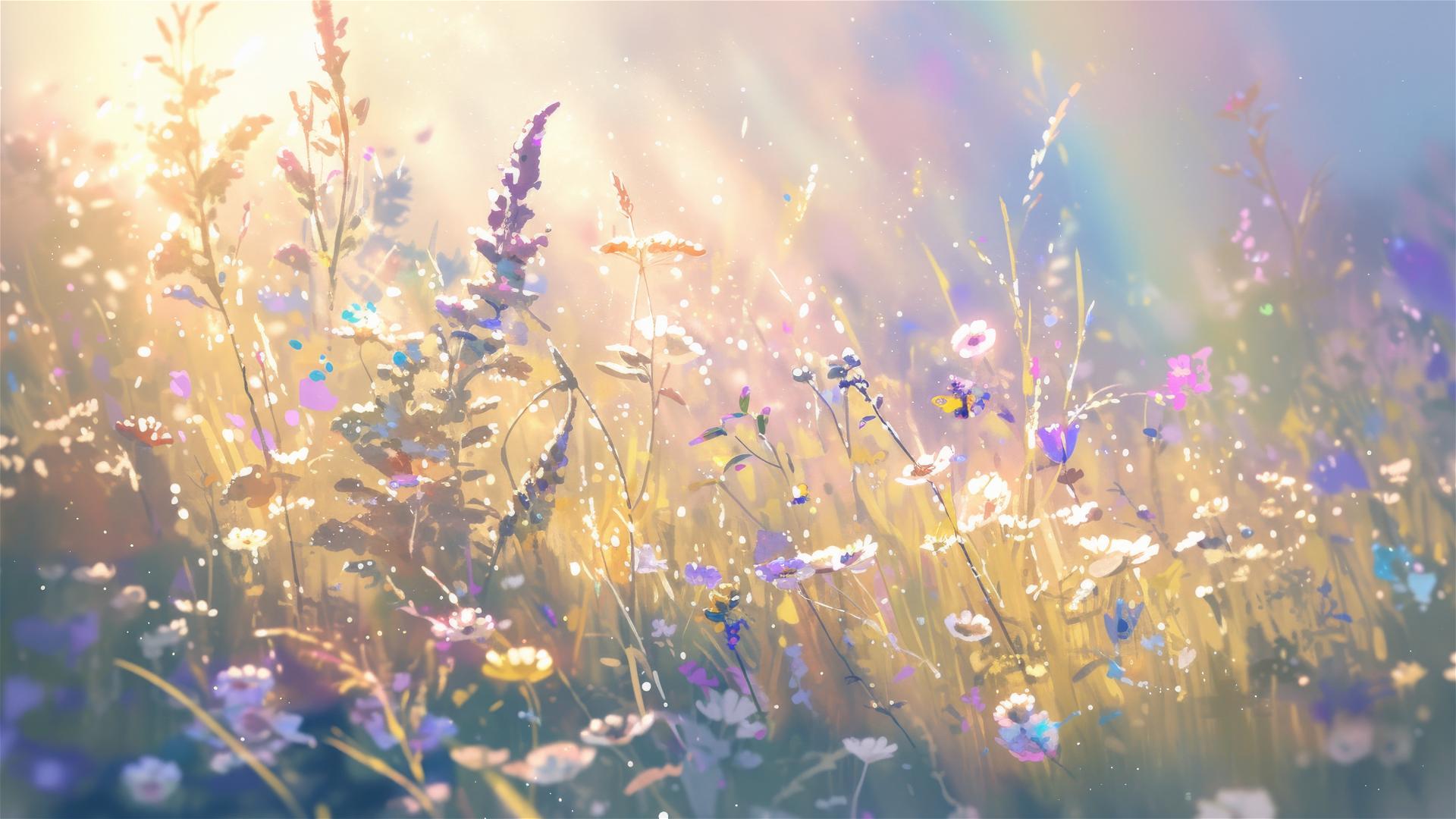 Miniature rainbows in dewy meadow with wildflower and insect projections