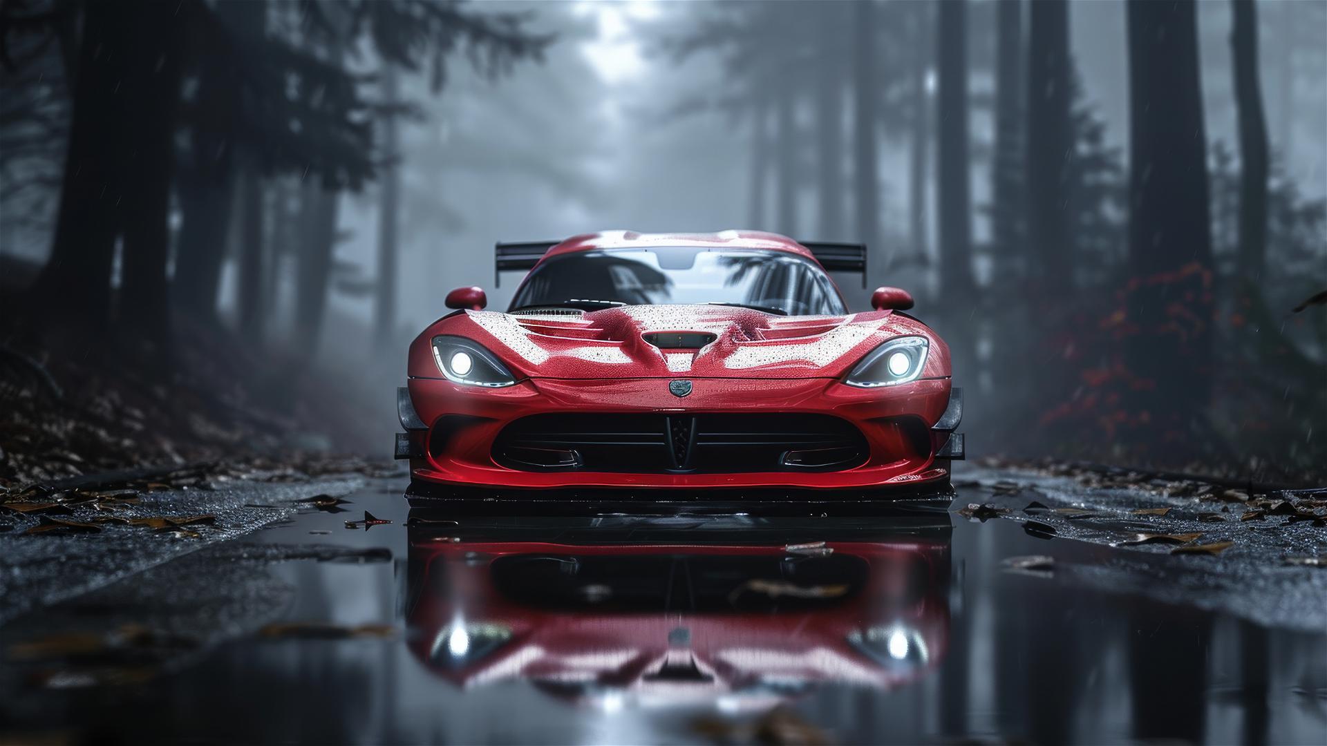 Closeup of a Dodge Viper in dim, foggy, gothic setting