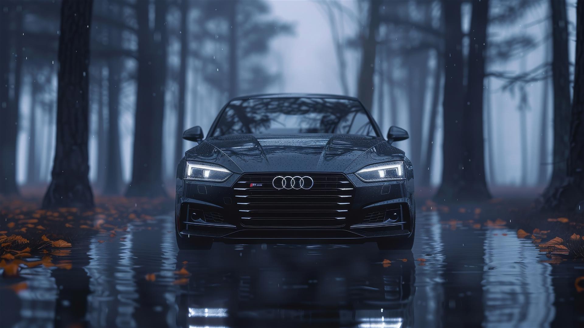 Gothic gloomy photorealistic closeup view of an Audi A5 in dim lighting with a foggy background