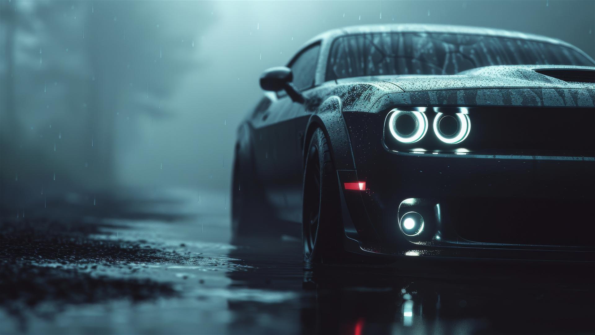 Dodge Challenger in dim light, gothic atmosphere, foggy 8k smooth closeup