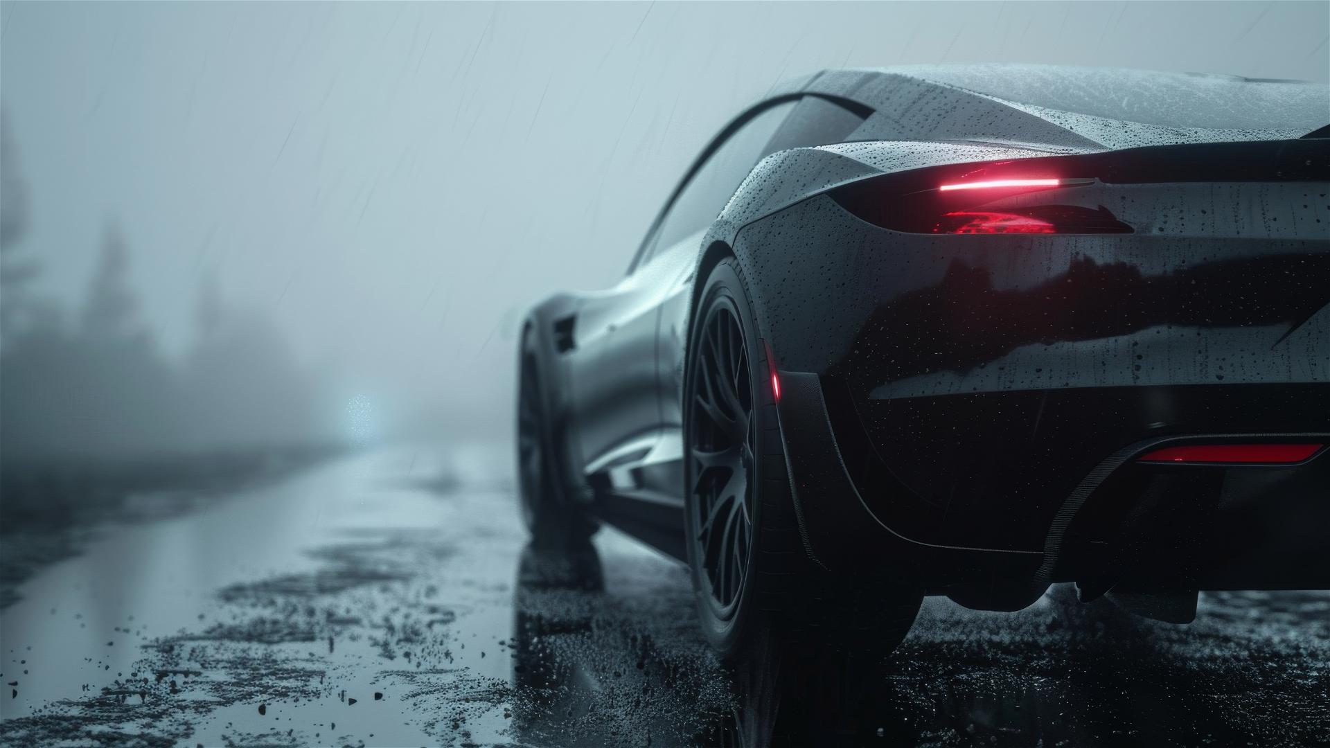 Gothic gloomy view of a Tesla Roadster in dim lighting with fog, 8k smooth and photorealistic