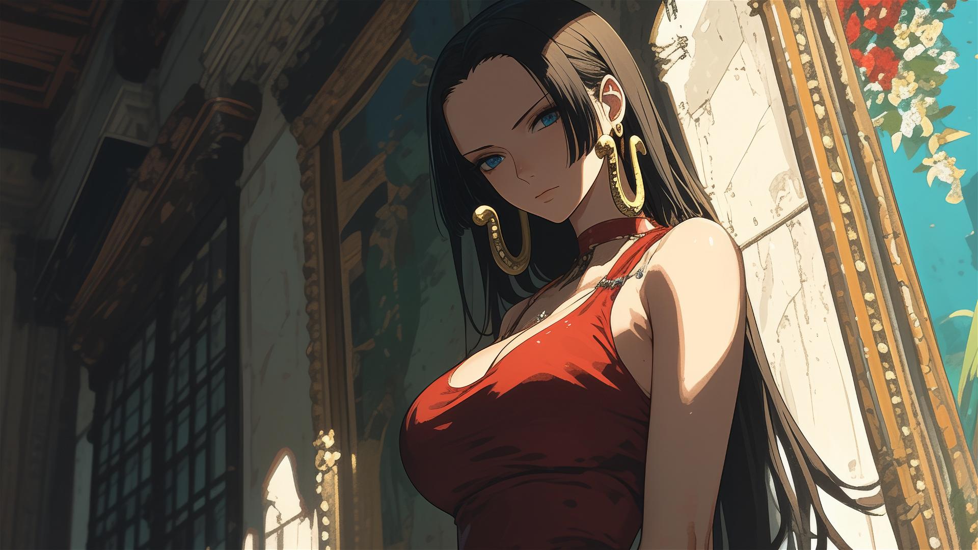 Boa Hancock from One Piece in an art gallery under soft glowing lights