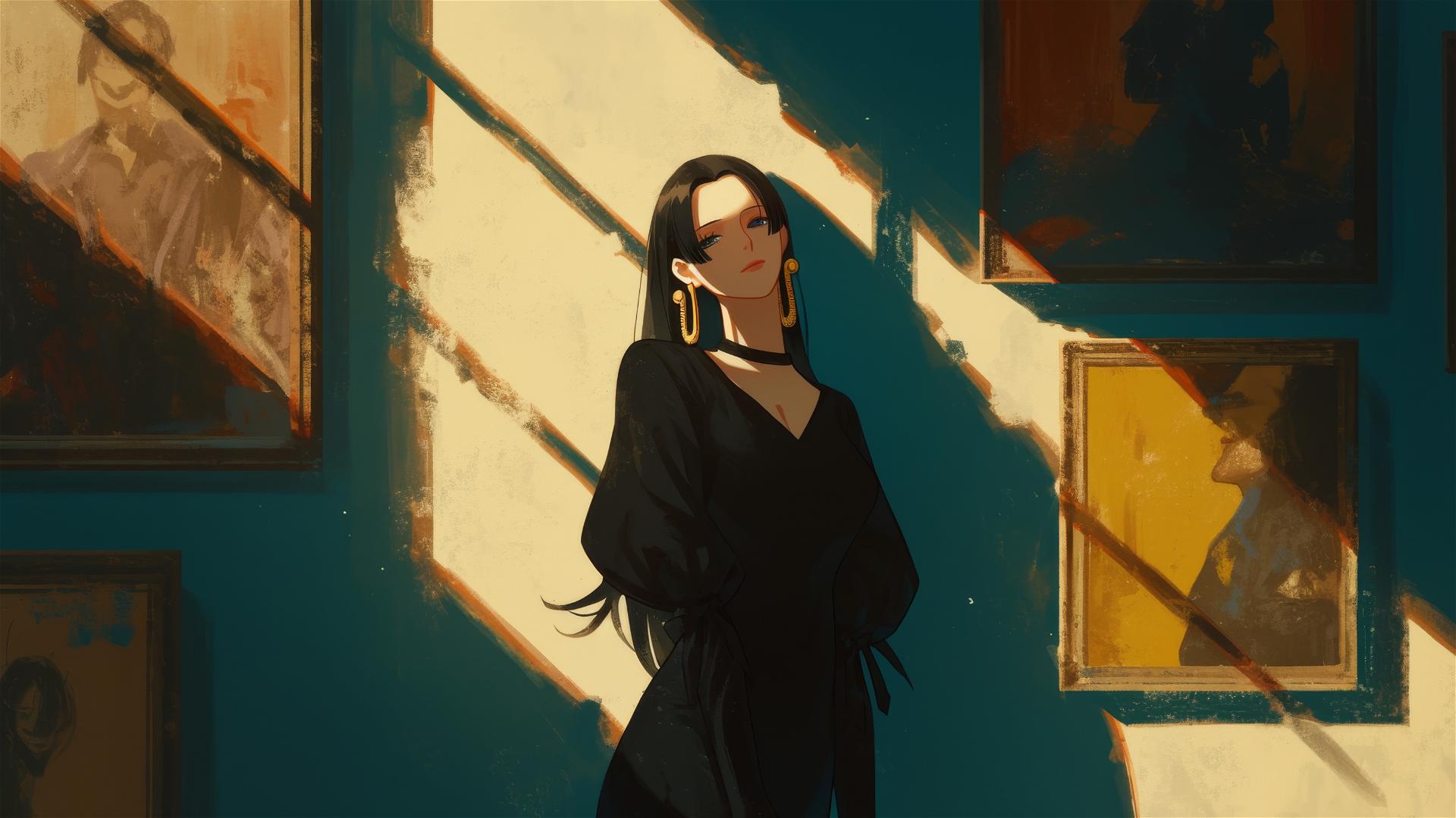 Boa Hancock wanders through an art gallery, soft lights illuminating her figure