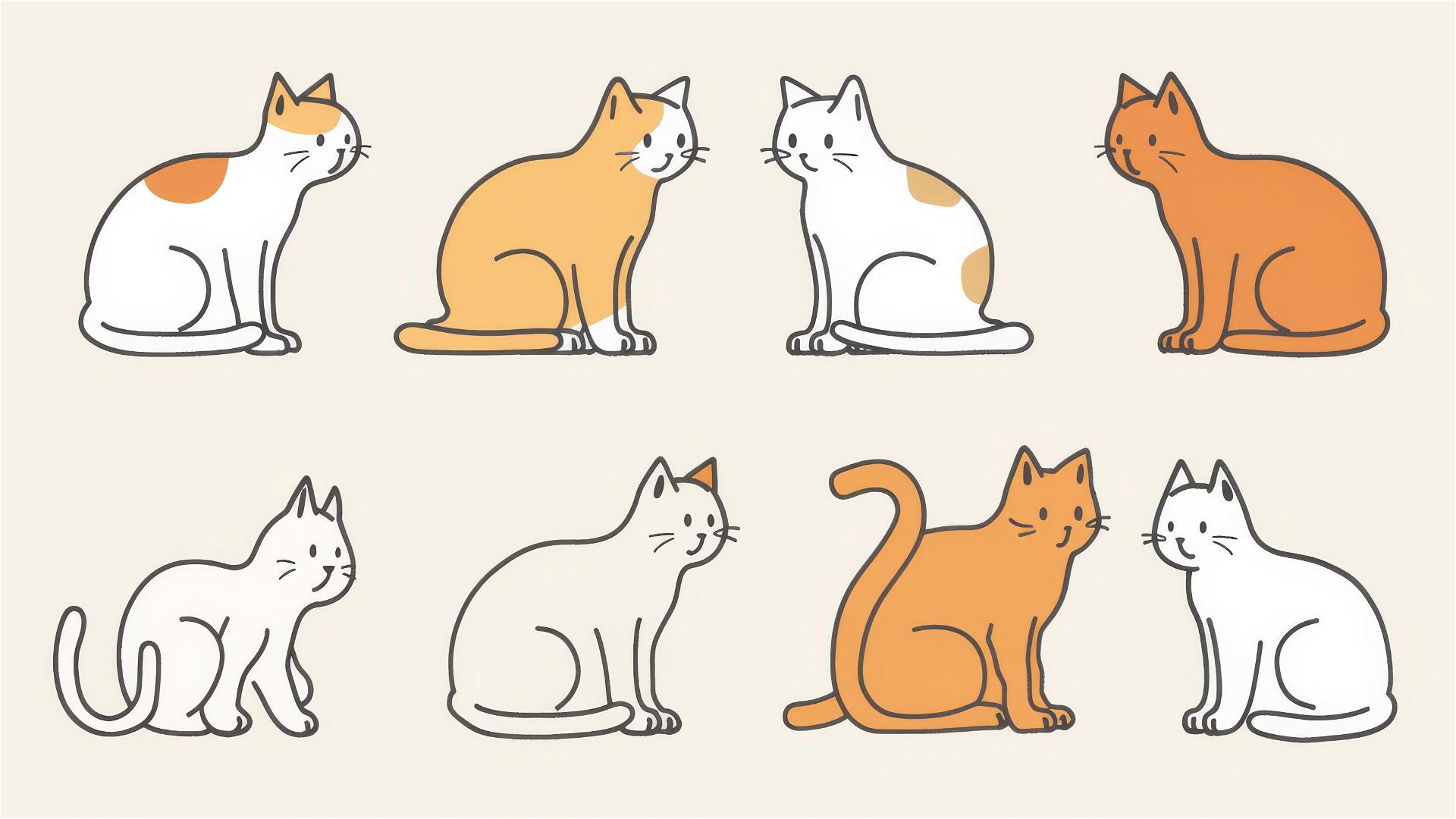 Simple line art of cats in various positions on a pastel cream background.