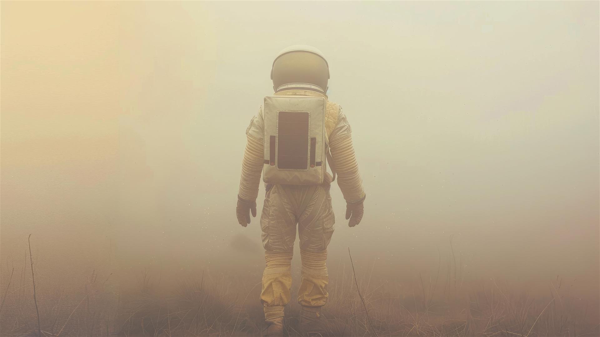 Astronaut in space suit walking in fog, light blue and amber hues
