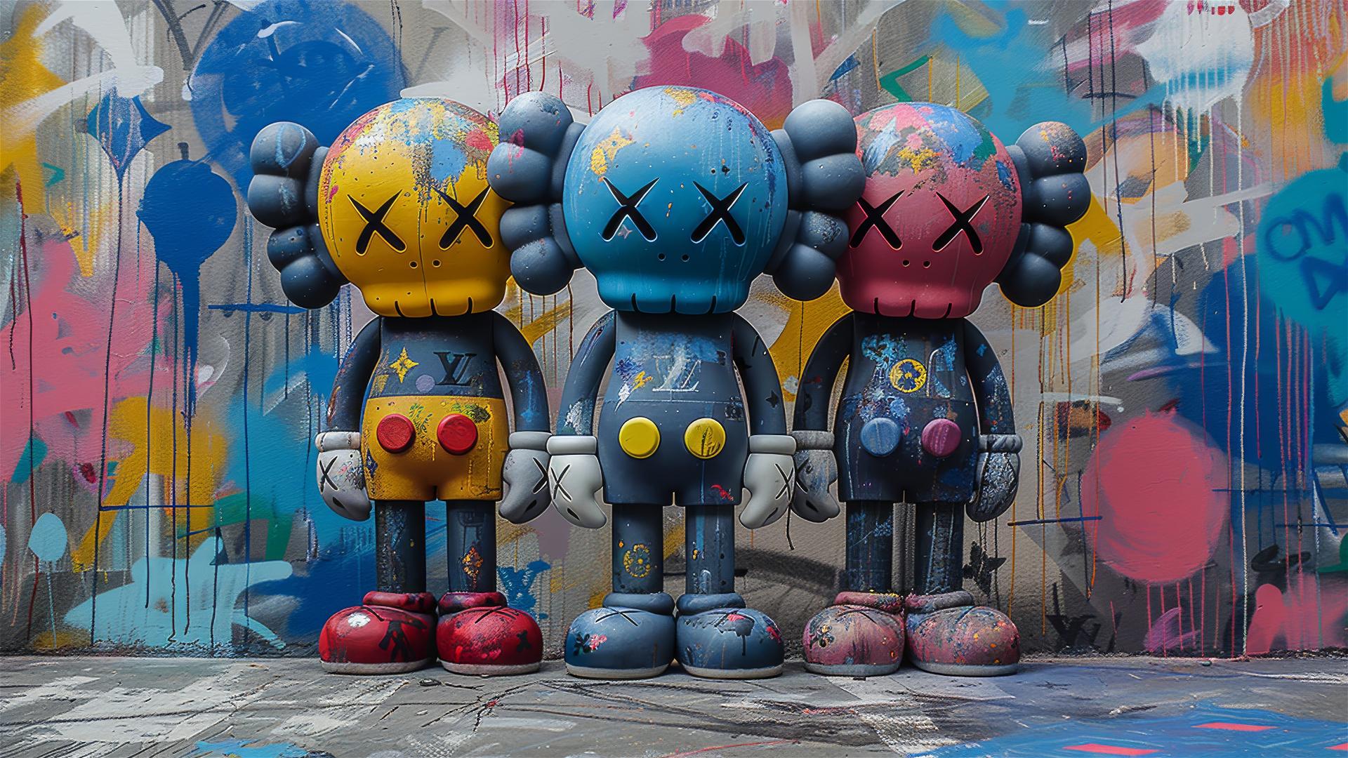 Cartoon-style monkey inspired by Kaws and Louis Vuitton with blue circles