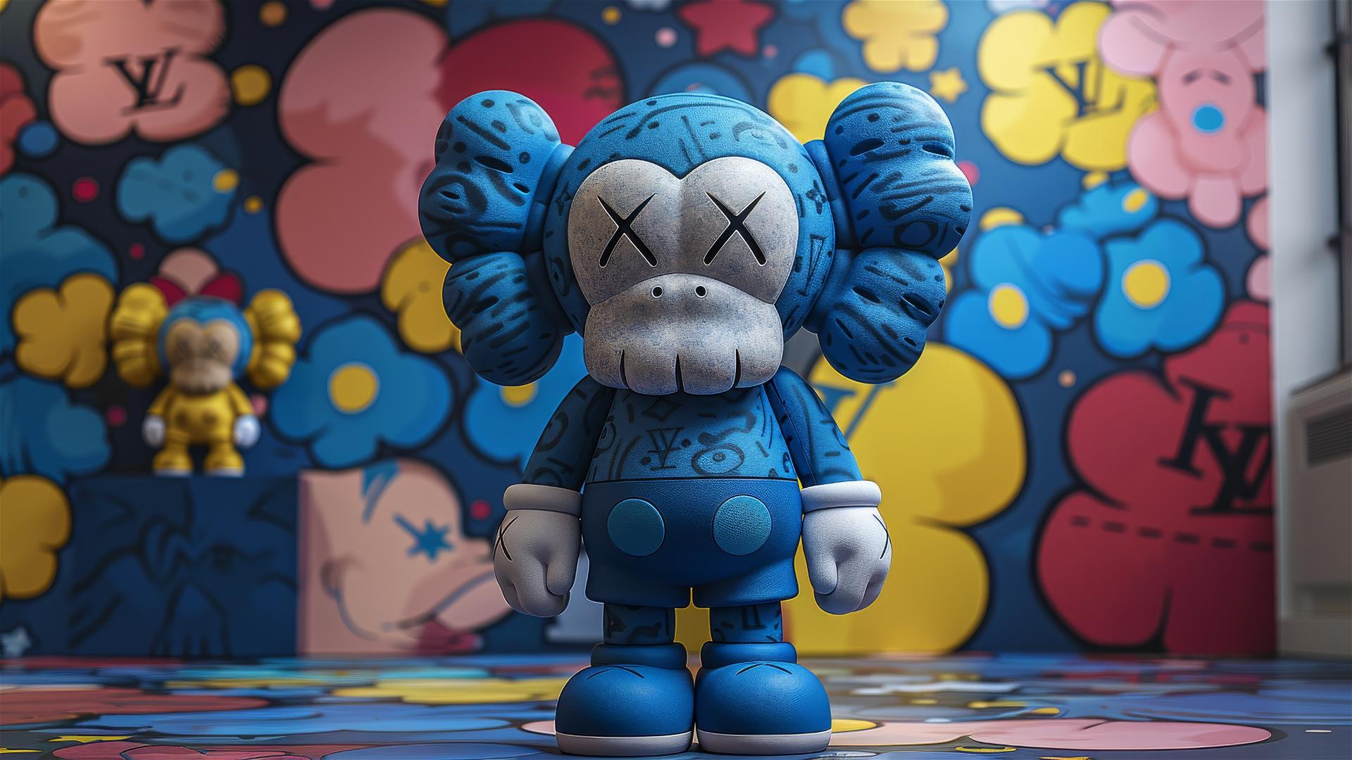 2D cartoon art featuring a Louis Vuitton companion in Kaws style, full-body monkey with blue circles