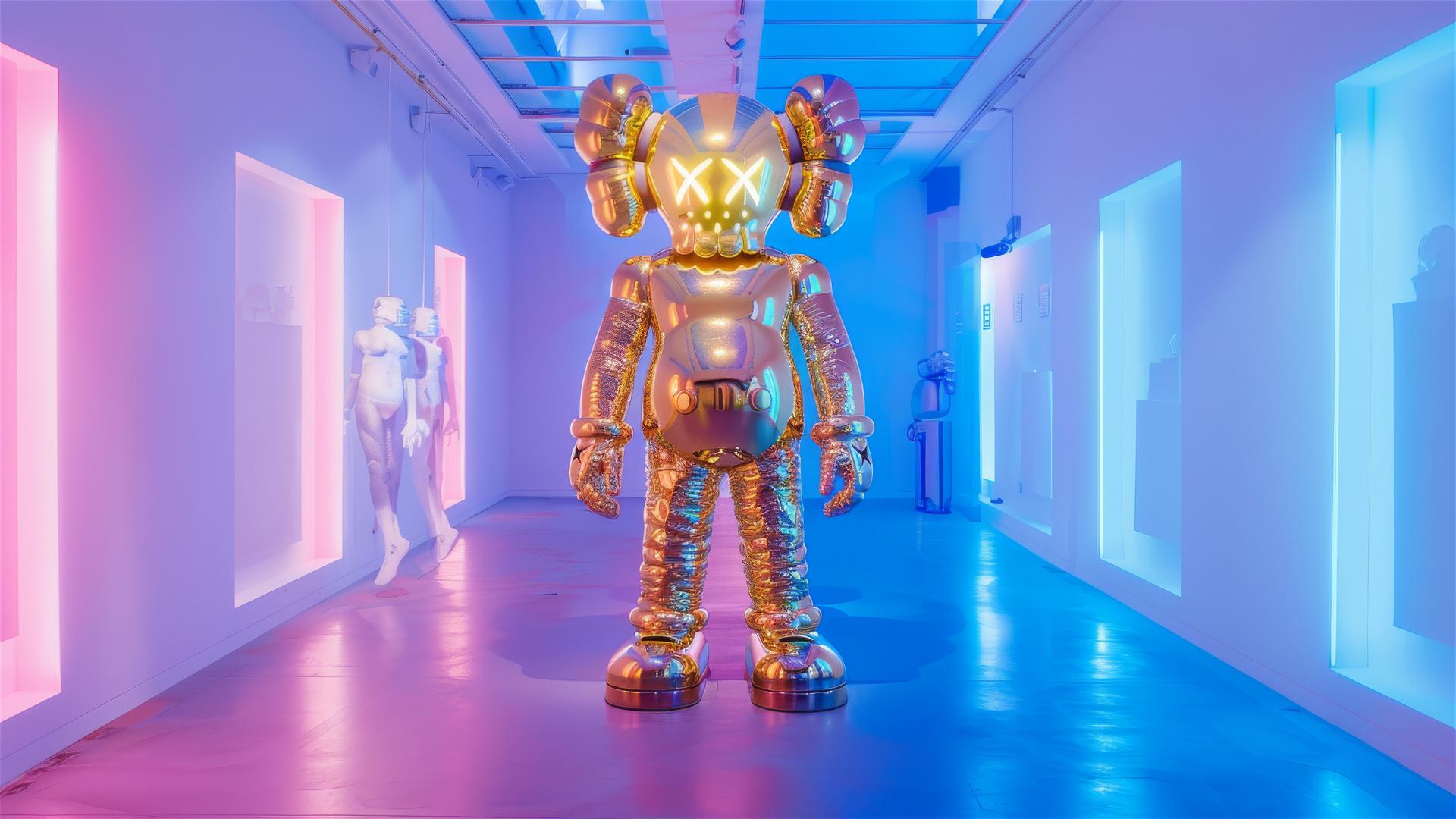 Alien figure with blowfish head and antenna, wearing gold gladiator outfit, in art gallery.