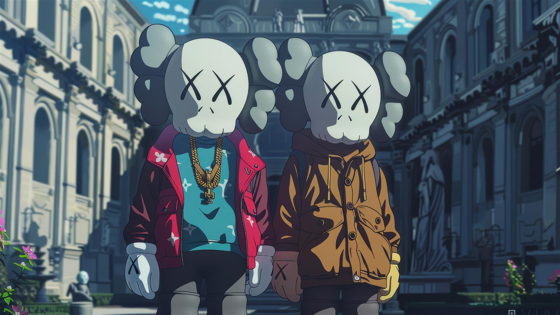 Cartoon 2D style art featuring a Louis Vuitton companion Kaws