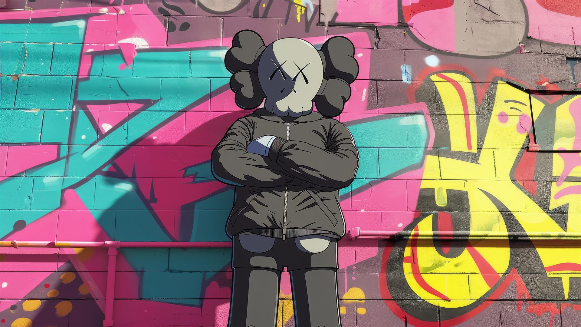 Cartoon 2D style art with Kaws character crossing arms