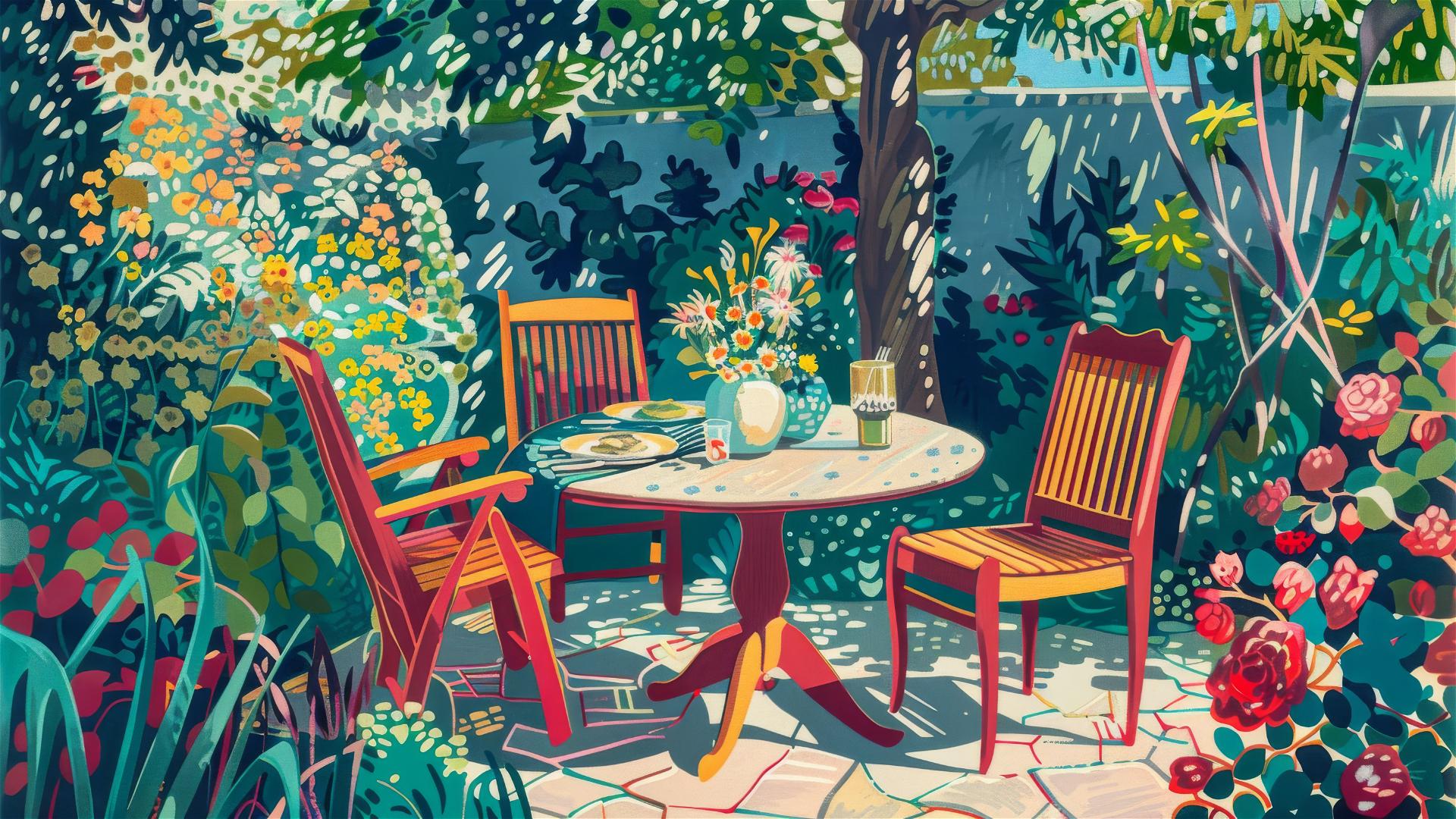 Joyful dinner in a summer garden illustrated like The New Yorker cover