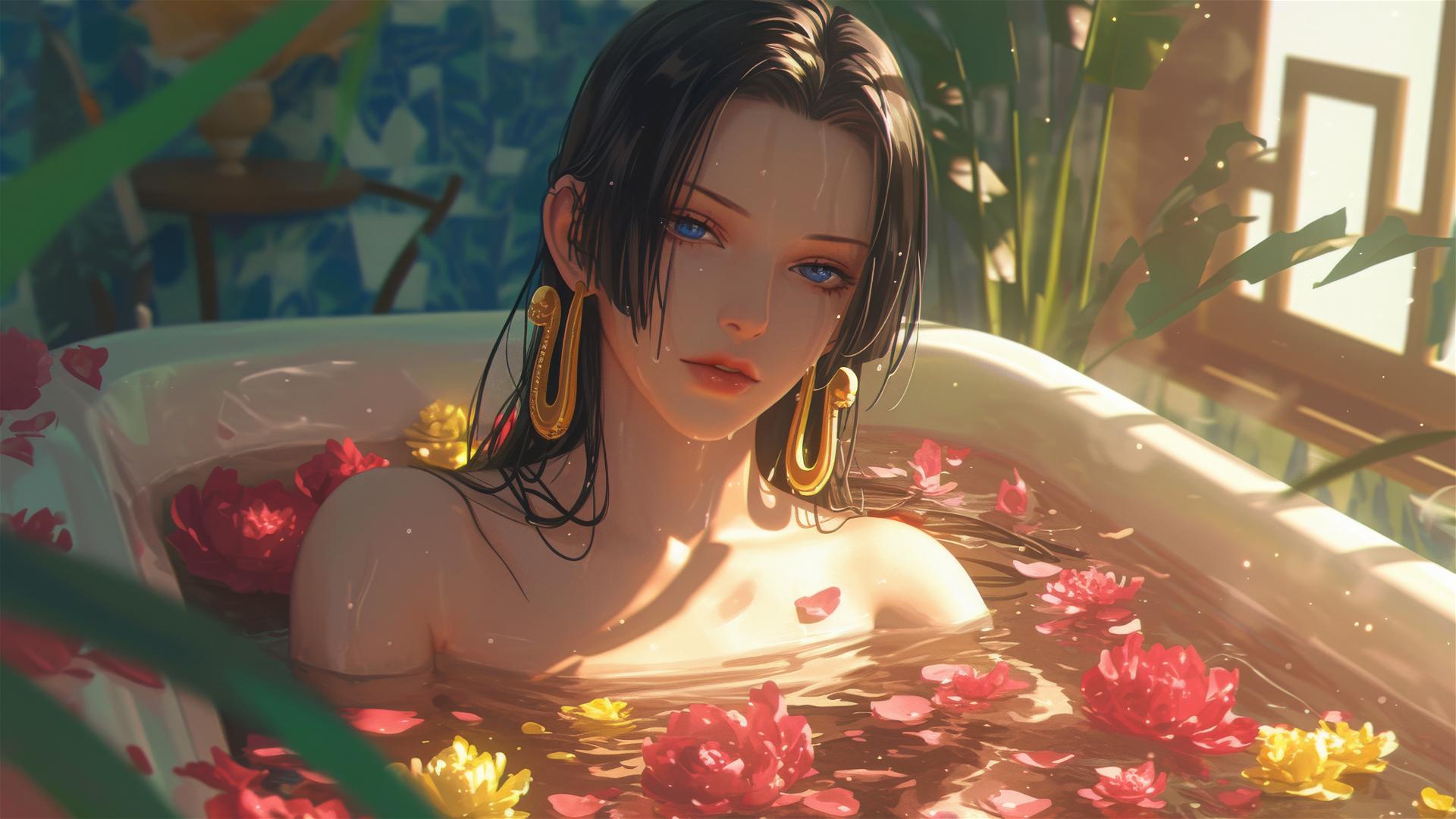 Boa Hancock in floral tub at Chinese spa