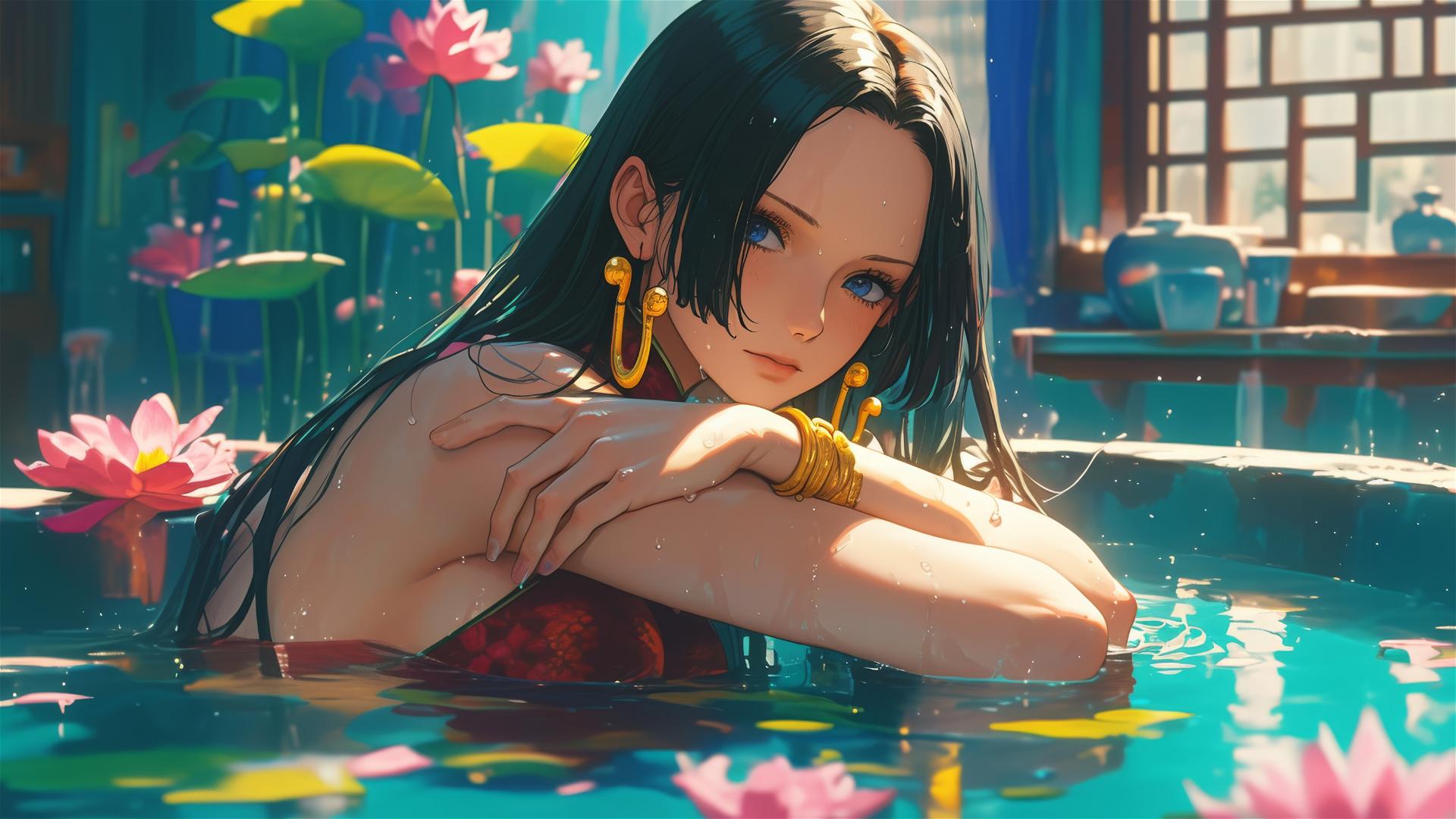 Boa Hancock from One Piece in a tub full of flowers in a Chinese spa.