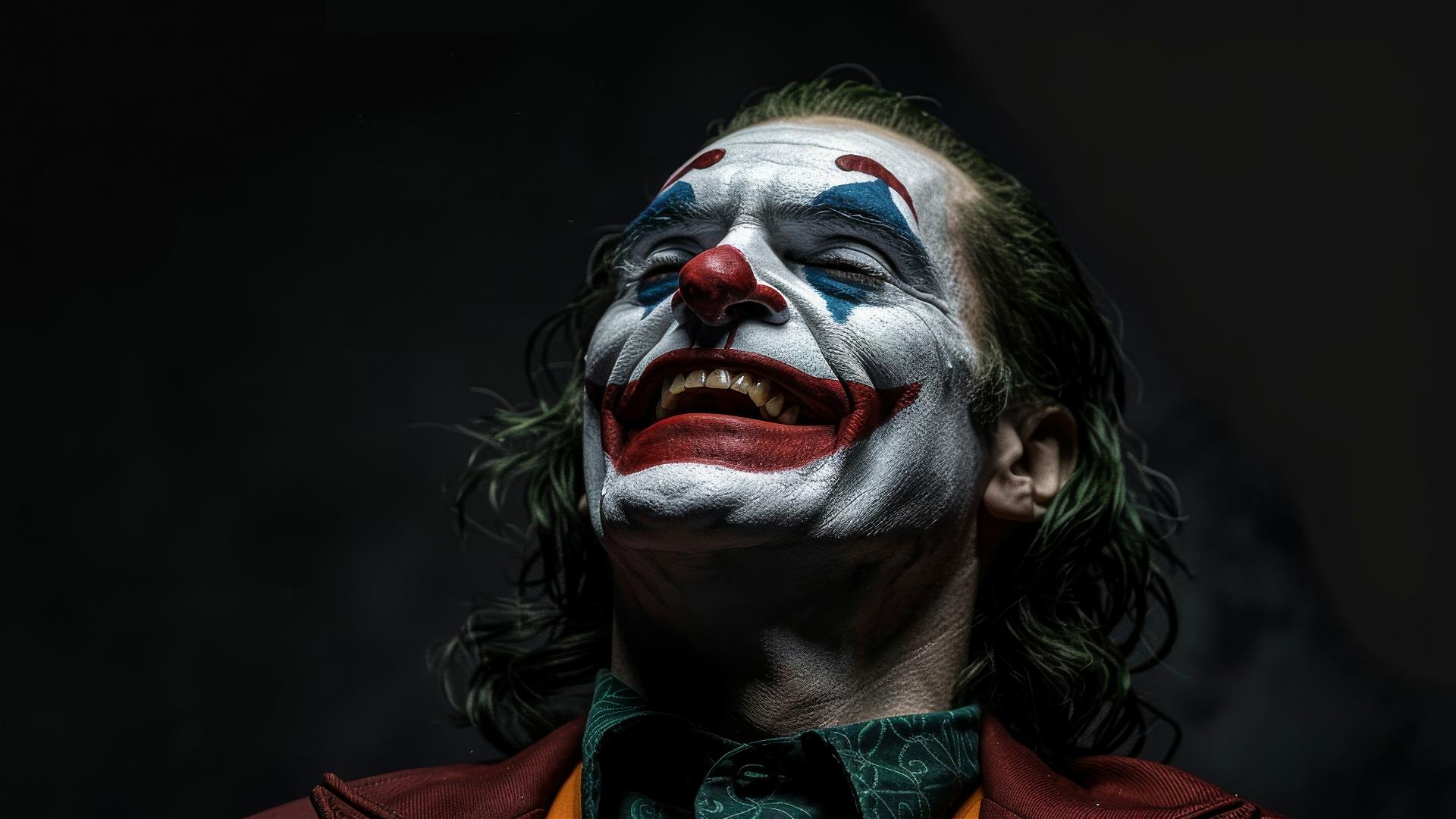 ultra-realistic photo of joker laughing with cinematic lighting