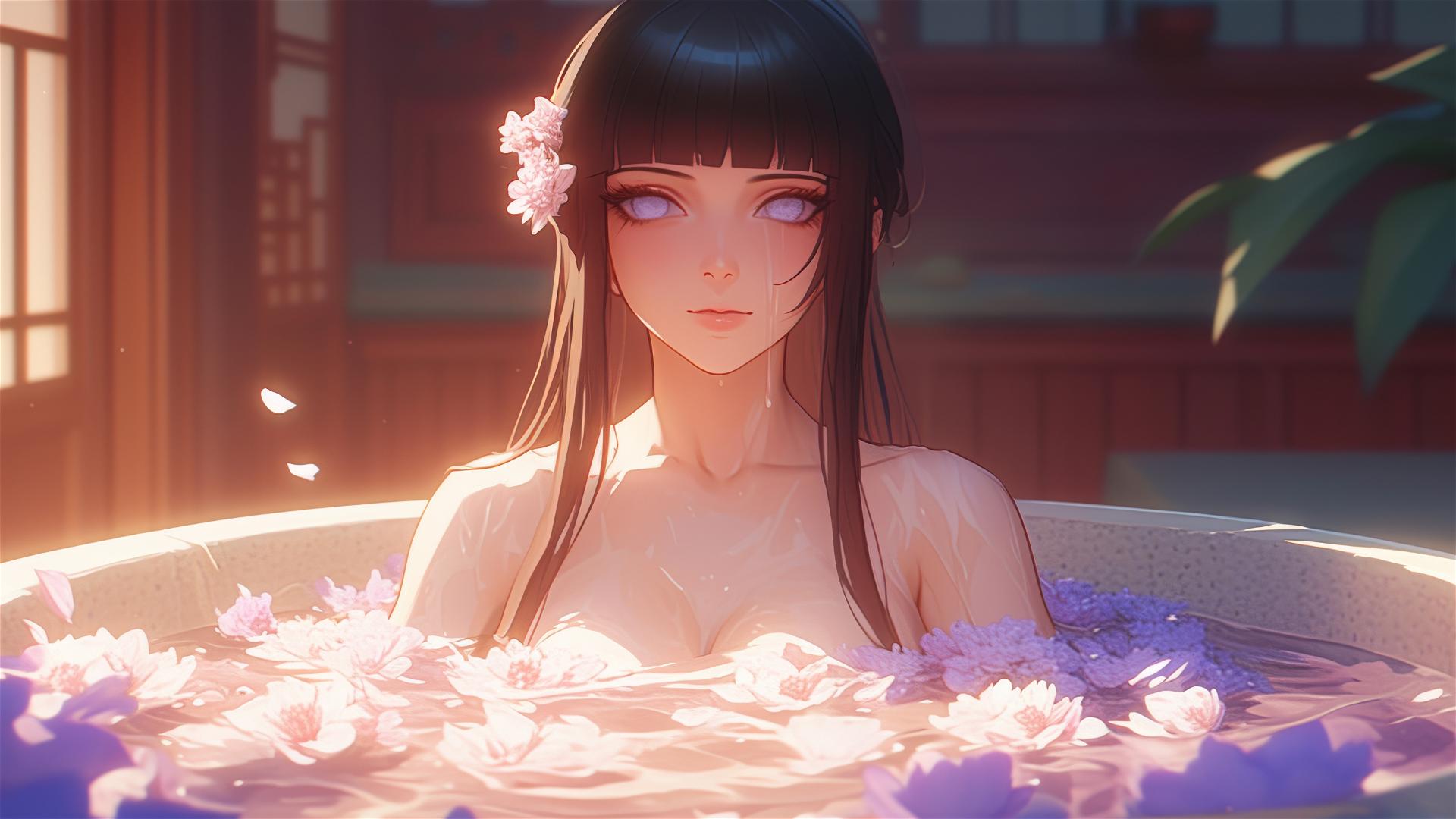 Hinata Hyuga from Naruto in flower-filled tub at Chinese spa