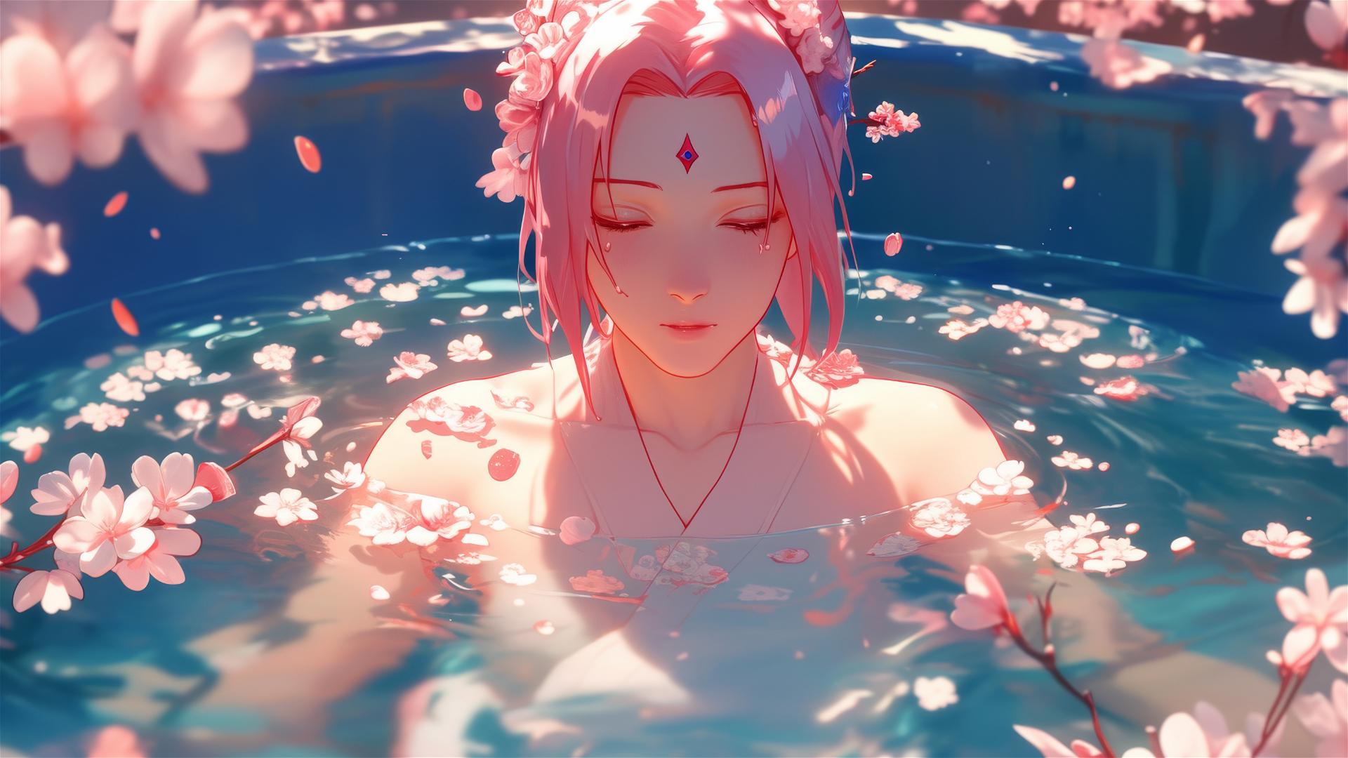 Sakura Haruno from Naruto in a tub of flowers at a Chinese spa
