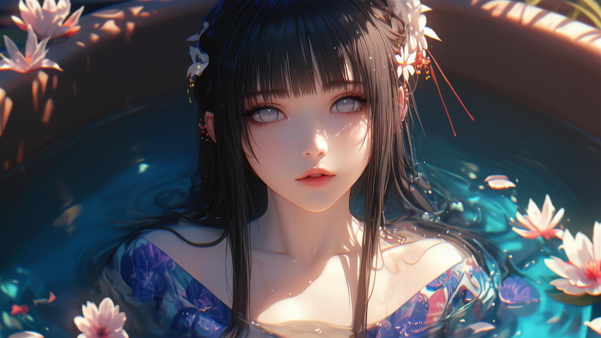 Hinata Hyuga from Naruto in a flower-filled tub at a Chinese spa