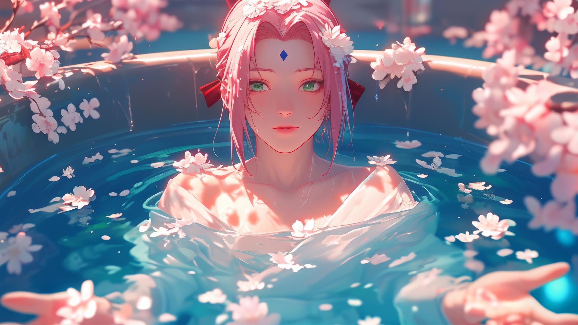 Sakura Haruno in flower-filled tub at a Chinese spa