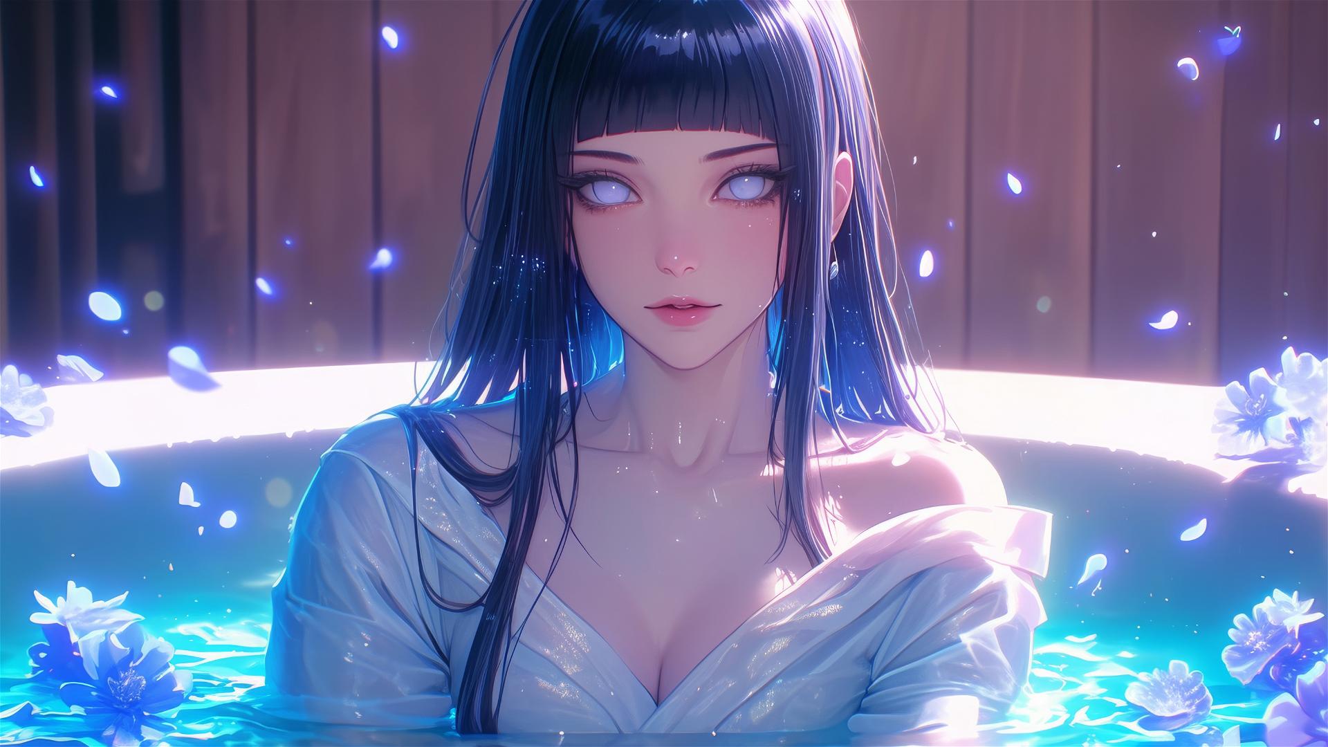 Hinata Hyuga in a tub of flowers inside a Chinese spa with white eyes