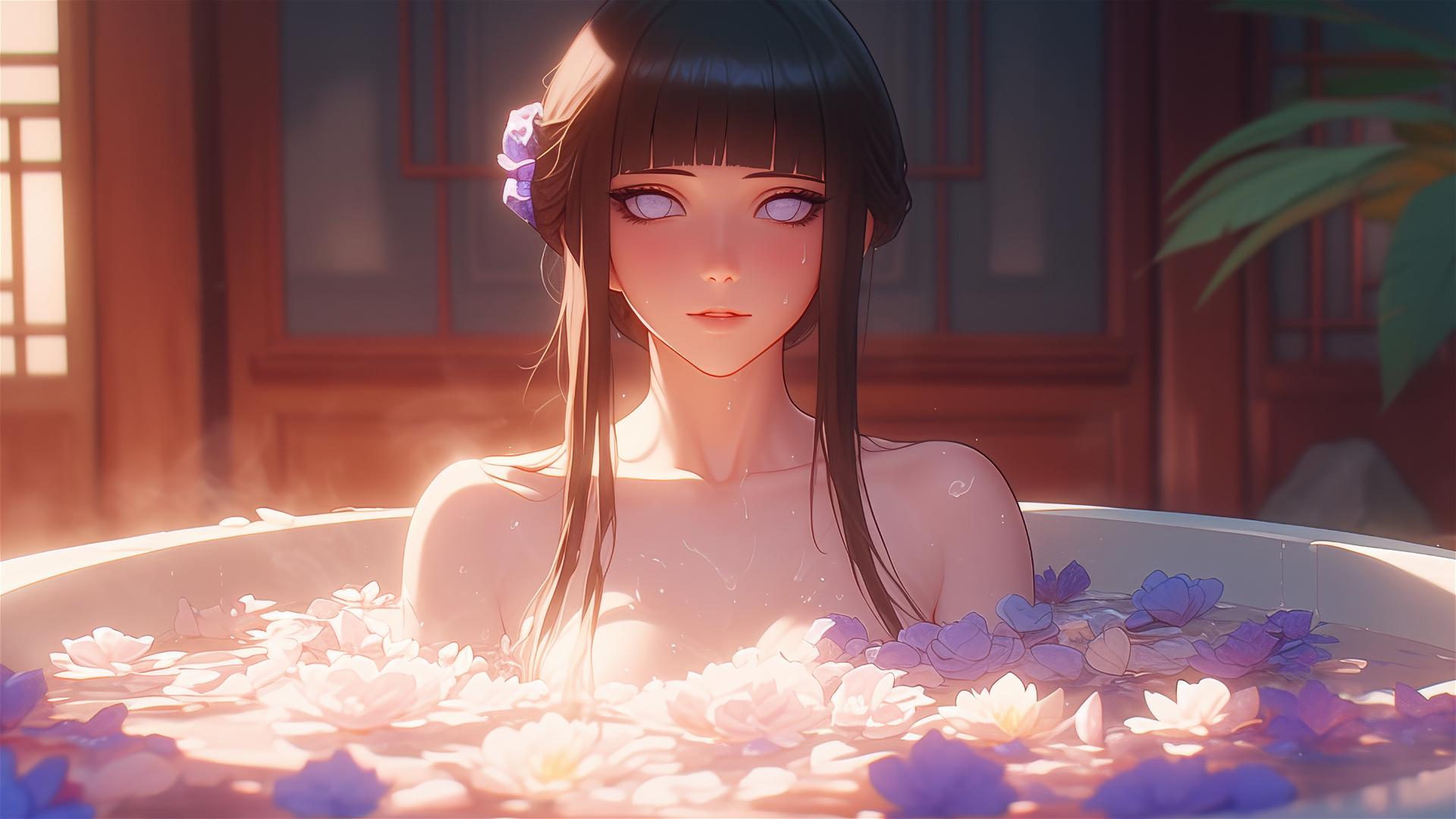Hinata Hyuga in a flower-filled tub in a Chinese spa