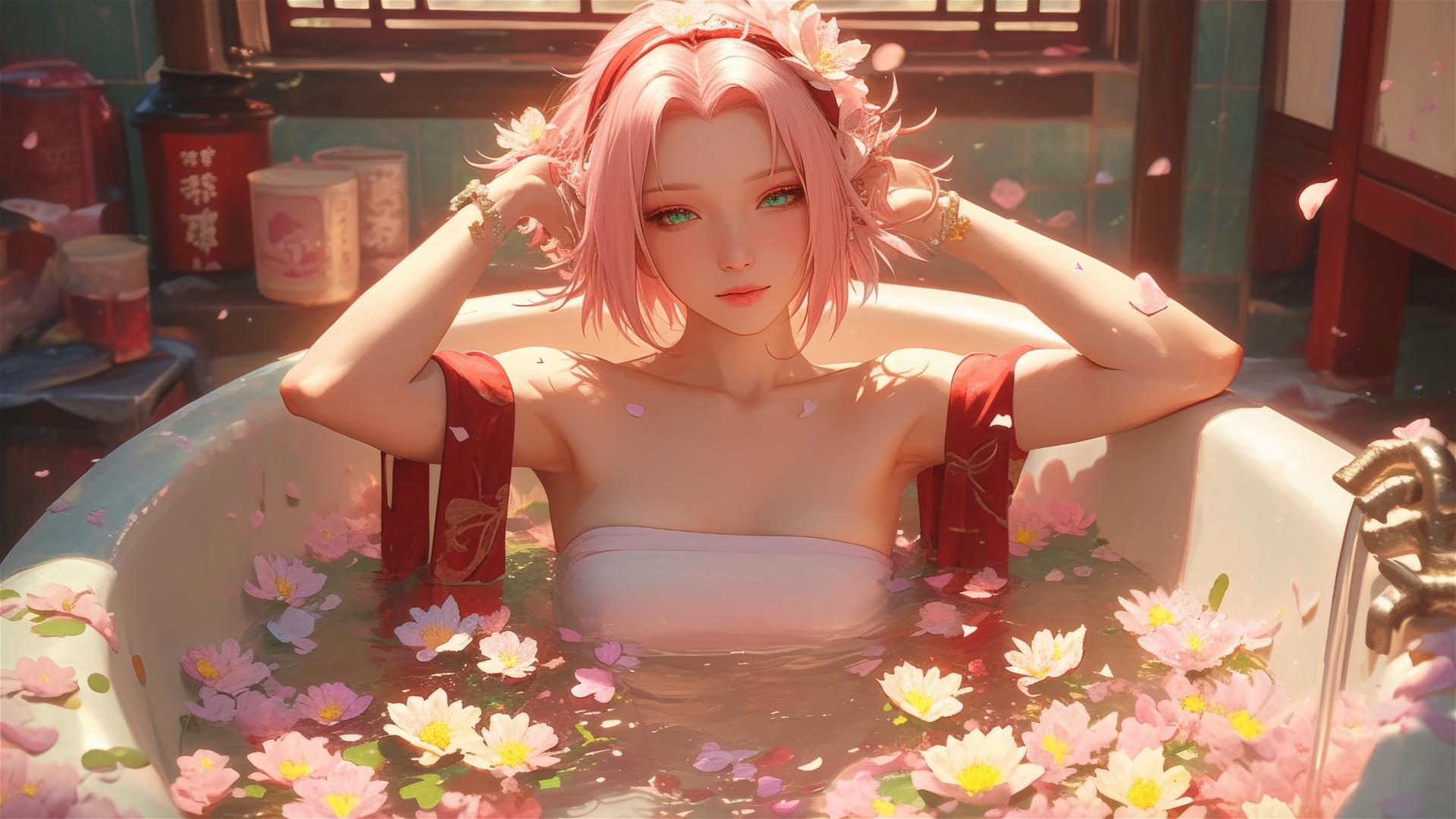Sakura Haruno in a flower-filled tub in a Chinese spa