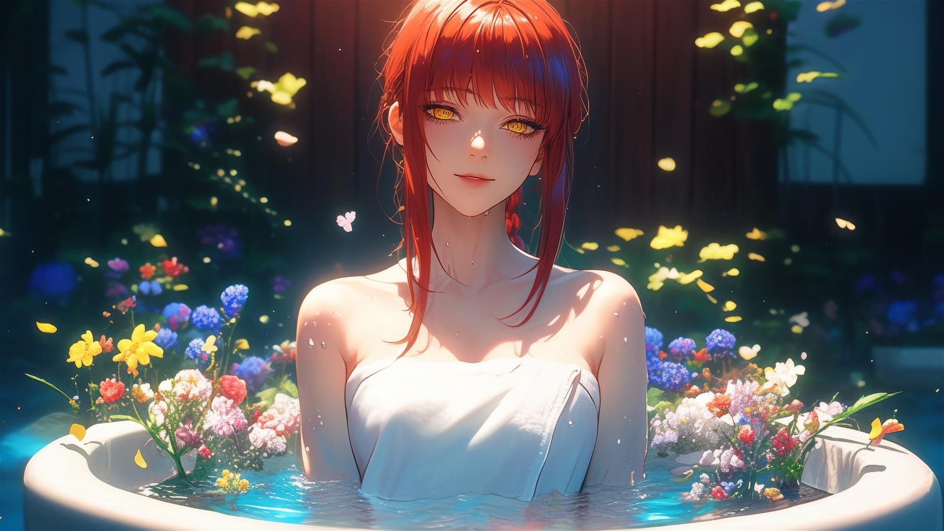 Makima from Chainsaw Man in a tub of flowers inside a Chinese spa