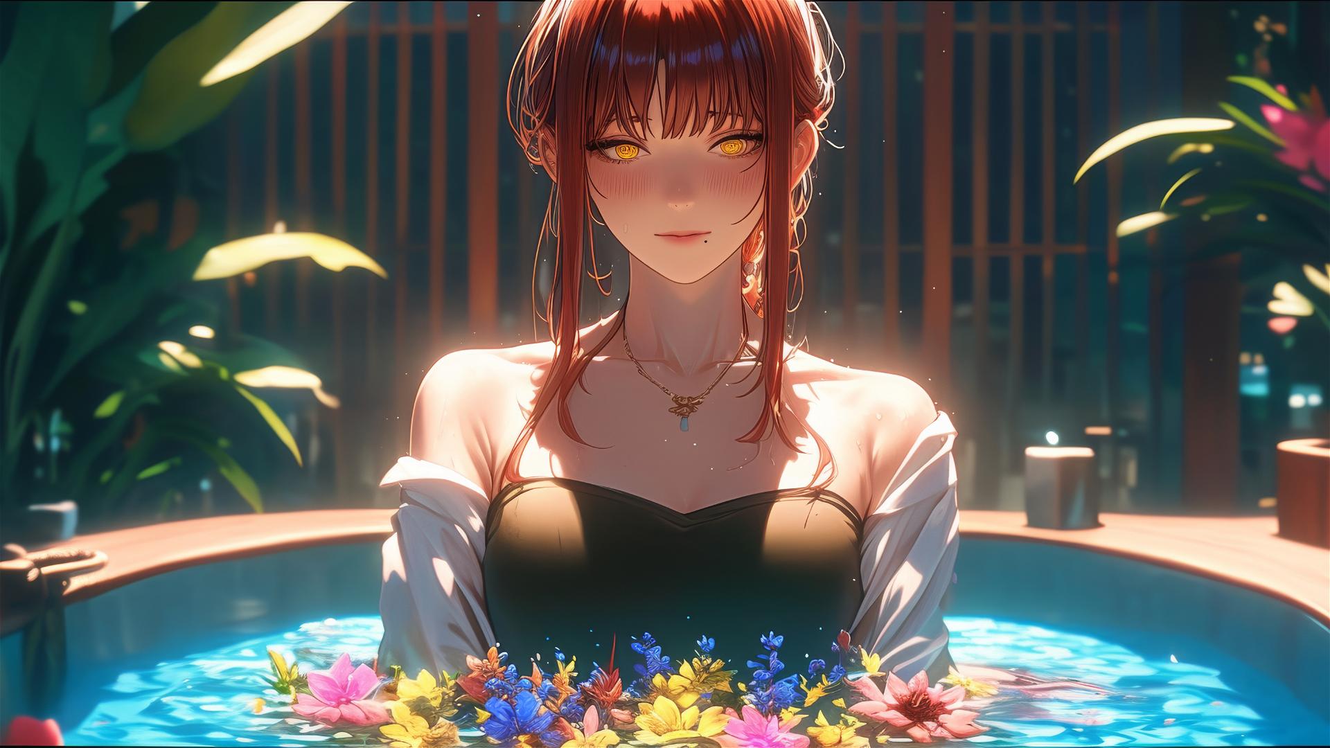 Makima from Chainsaw Man inside tub of flowers in a Chinese spa