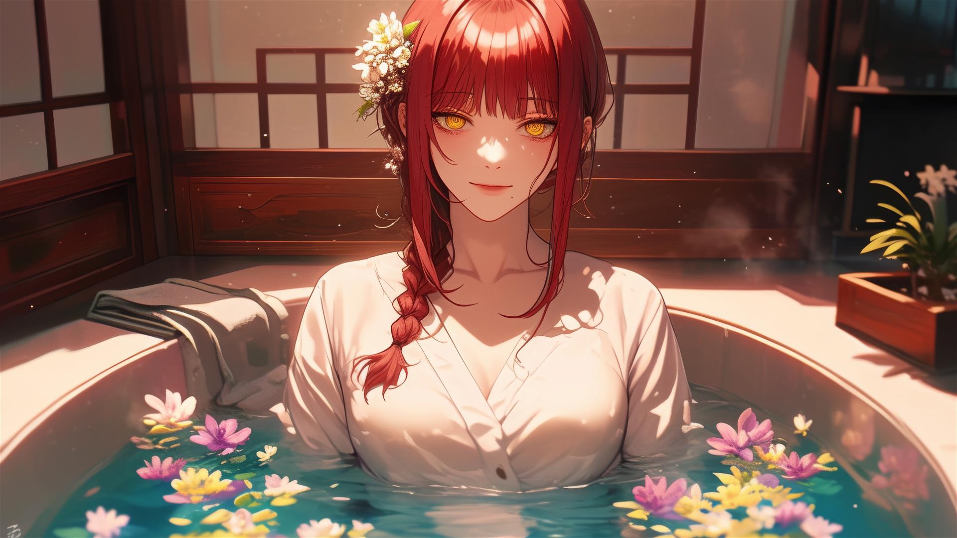 Makima from Chainsaw Man in a flower-filled tub within a Chinese spa.