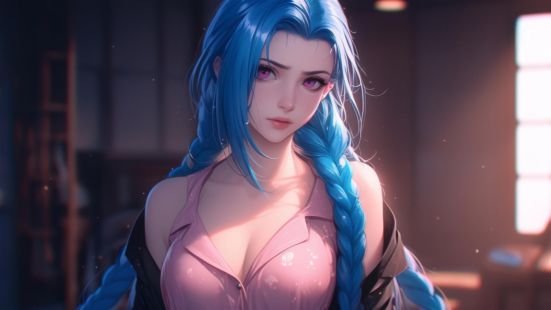 Jinx from League of Legends standing in an apartment with warm light