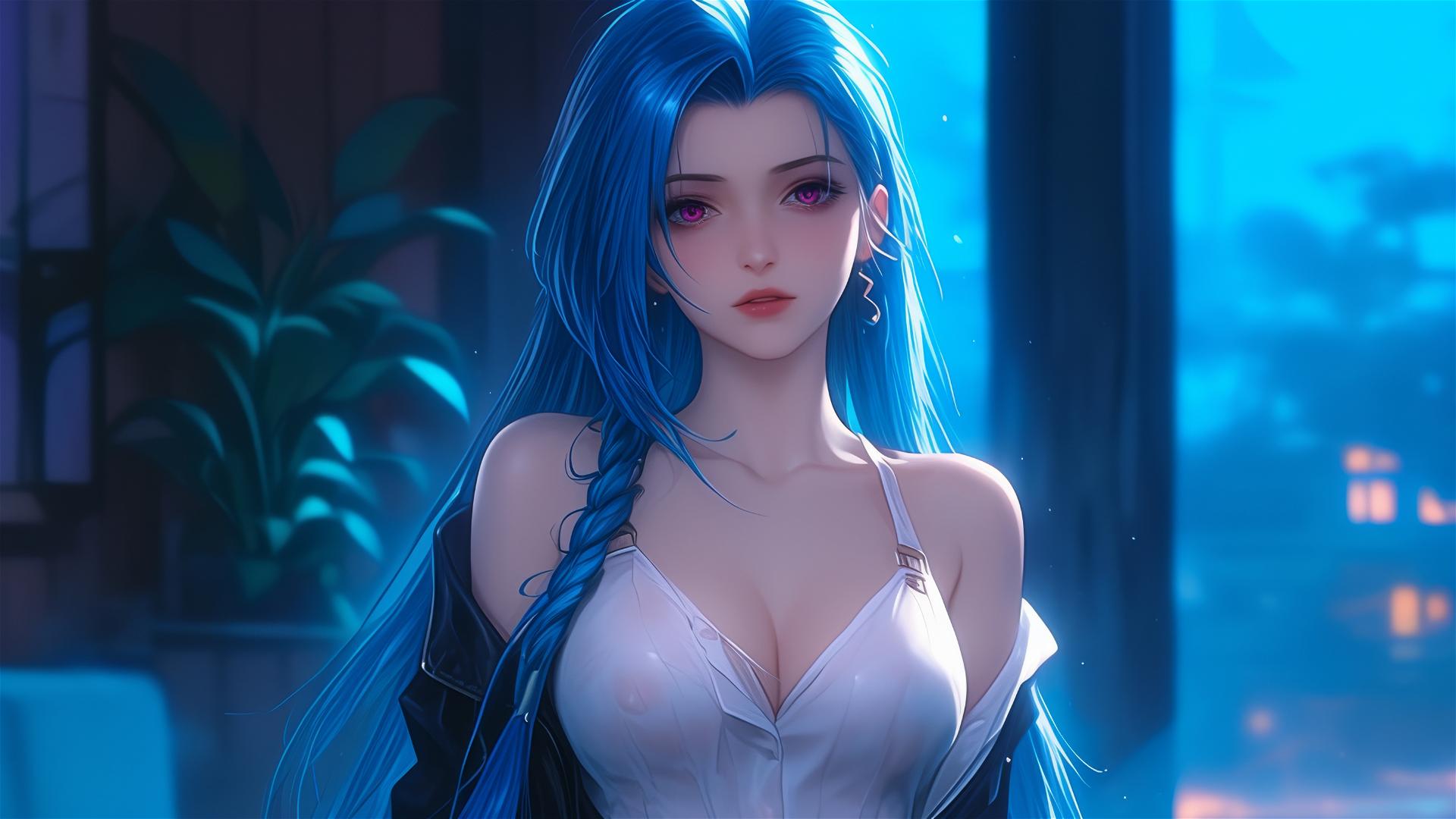 Jinx from League of Legends standing in moonlit apartment