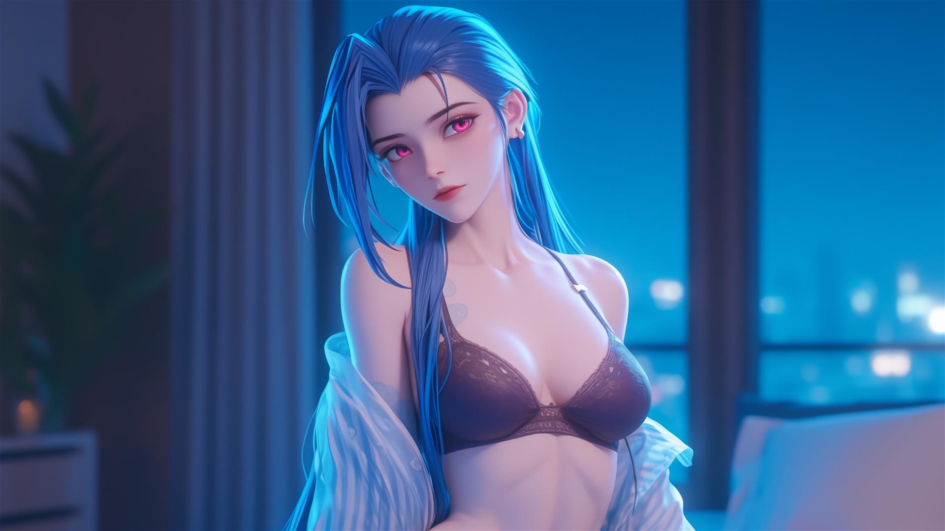 Jinx from League of Legends stands in an apartment under moonlight.