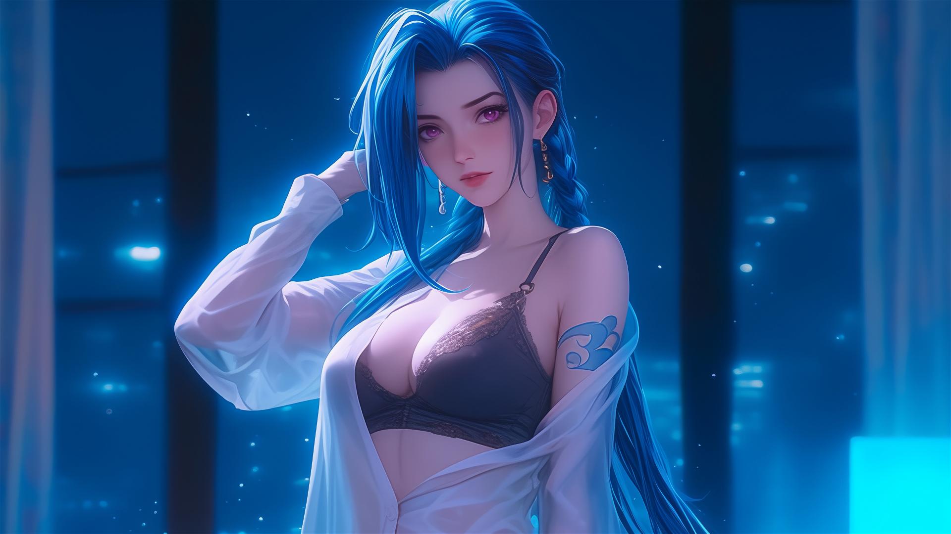 Jinx from League of Legends standing in apartment under moonlight