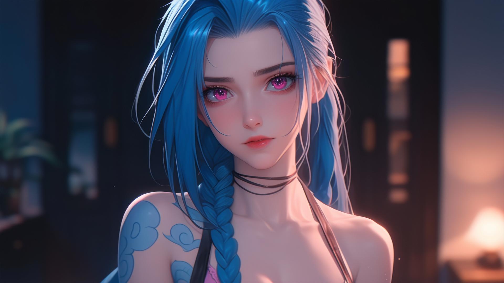 Jinx from League of Legends standing in an apartment under moonlight