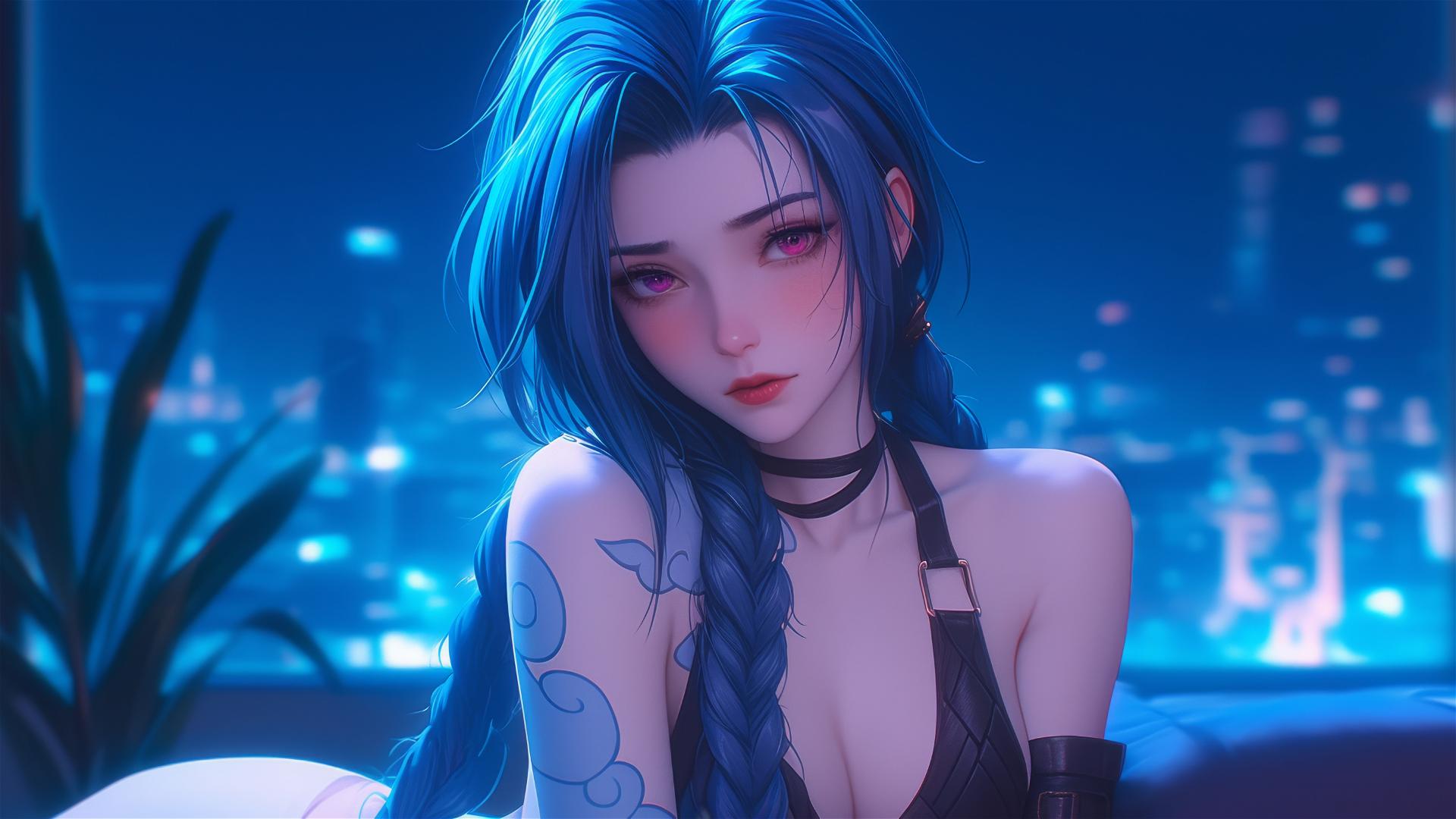 Jinx from League of Legends resting in an apartment with moonlight glow.