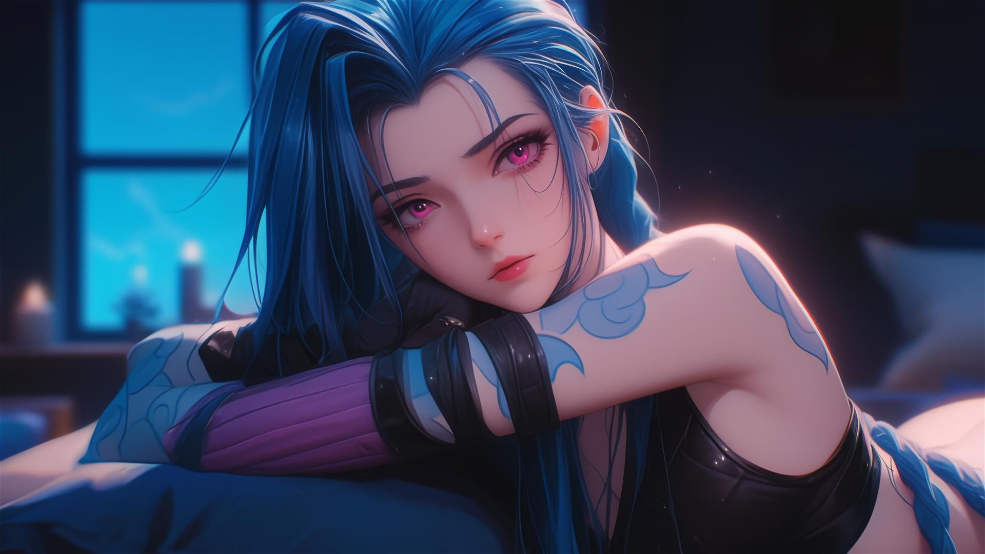 Jinx from League of Legends lying in a moonlit apartment