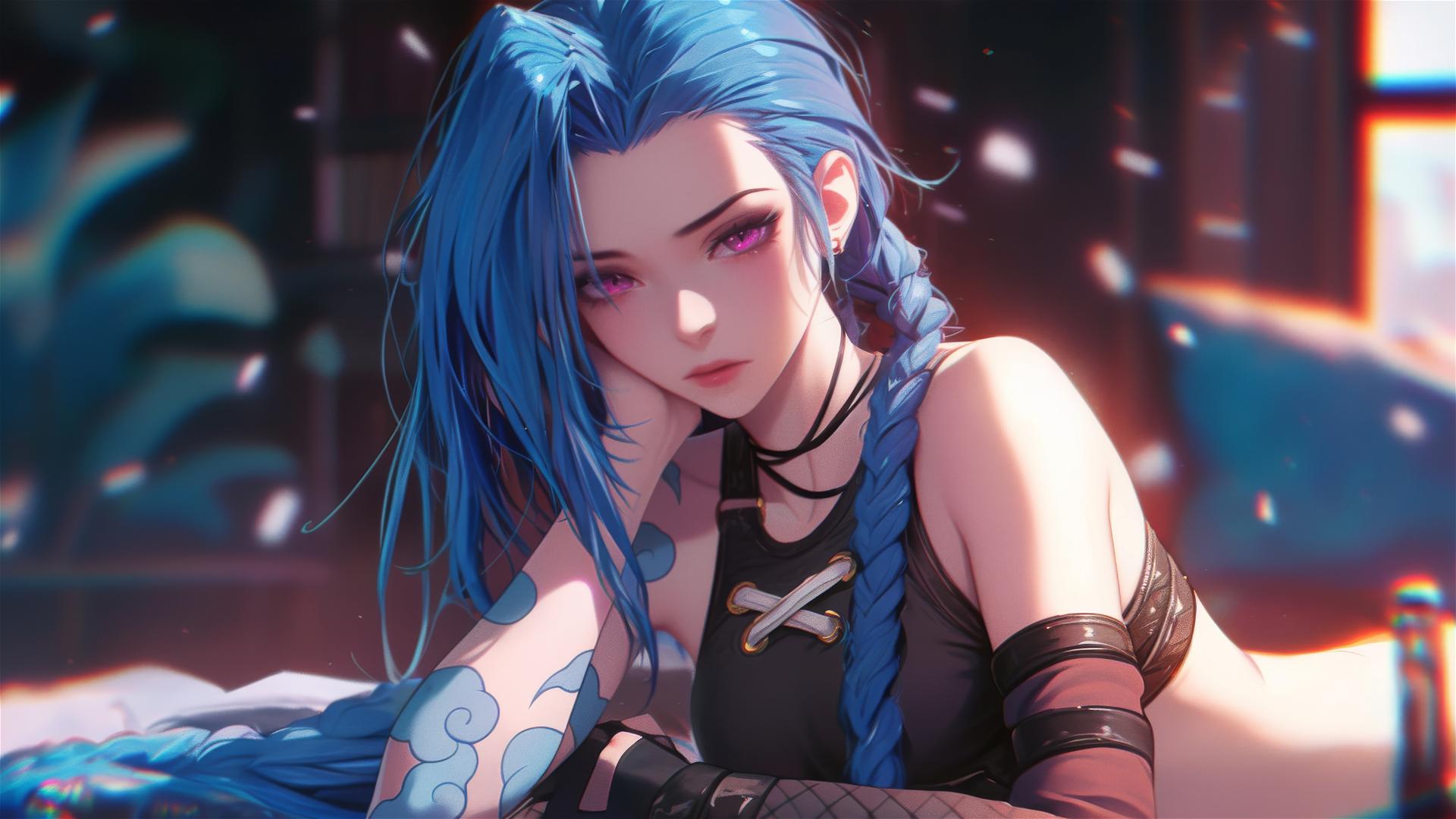 Jinx from League of Legends resting in apartment with moonlight glow.