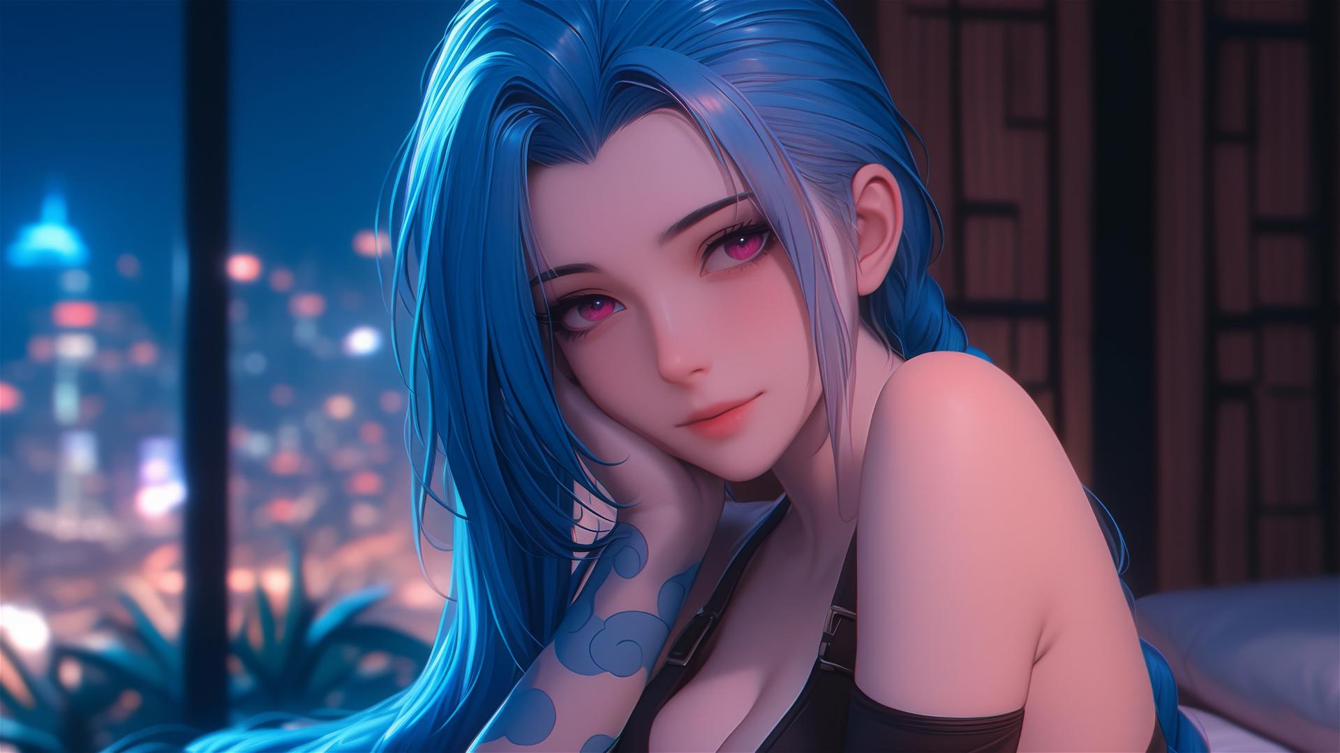 Jinx from League of Legends resting in an apartment with moonlight, pink eyes, blue hair.