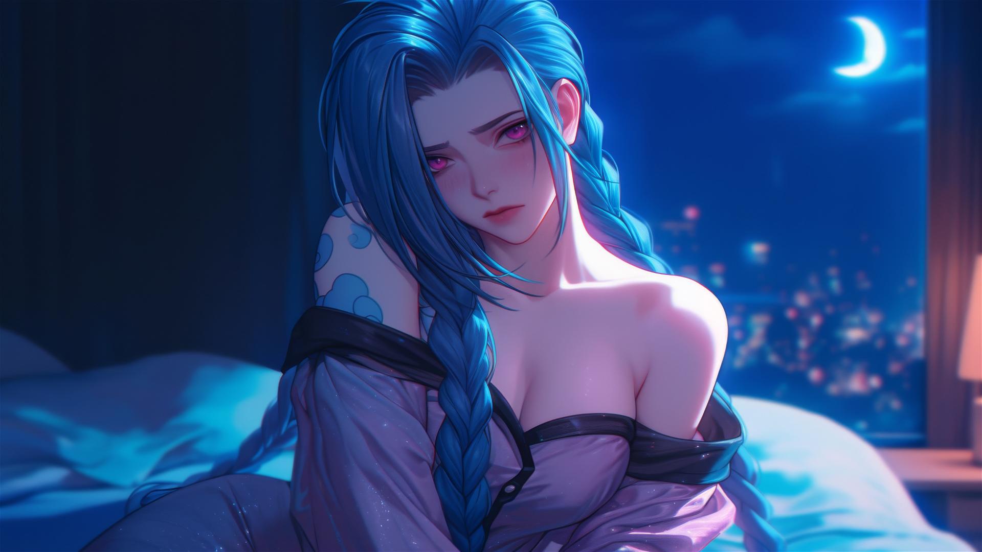 Jinx from League of Legends in silk pajamas with moonlight glow