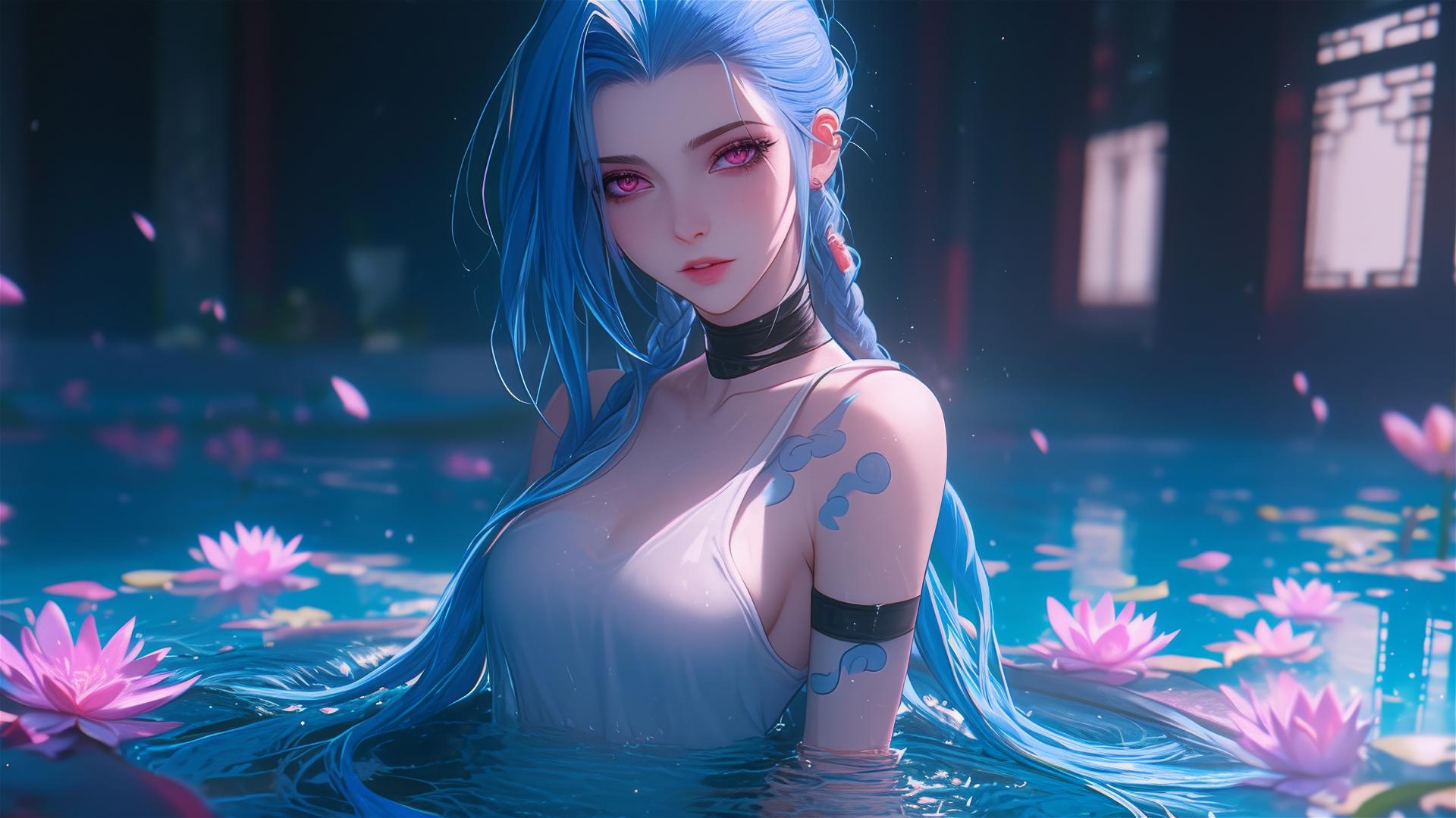 Jinx from League of Legends in a tub full of flowers at a Chinese spa