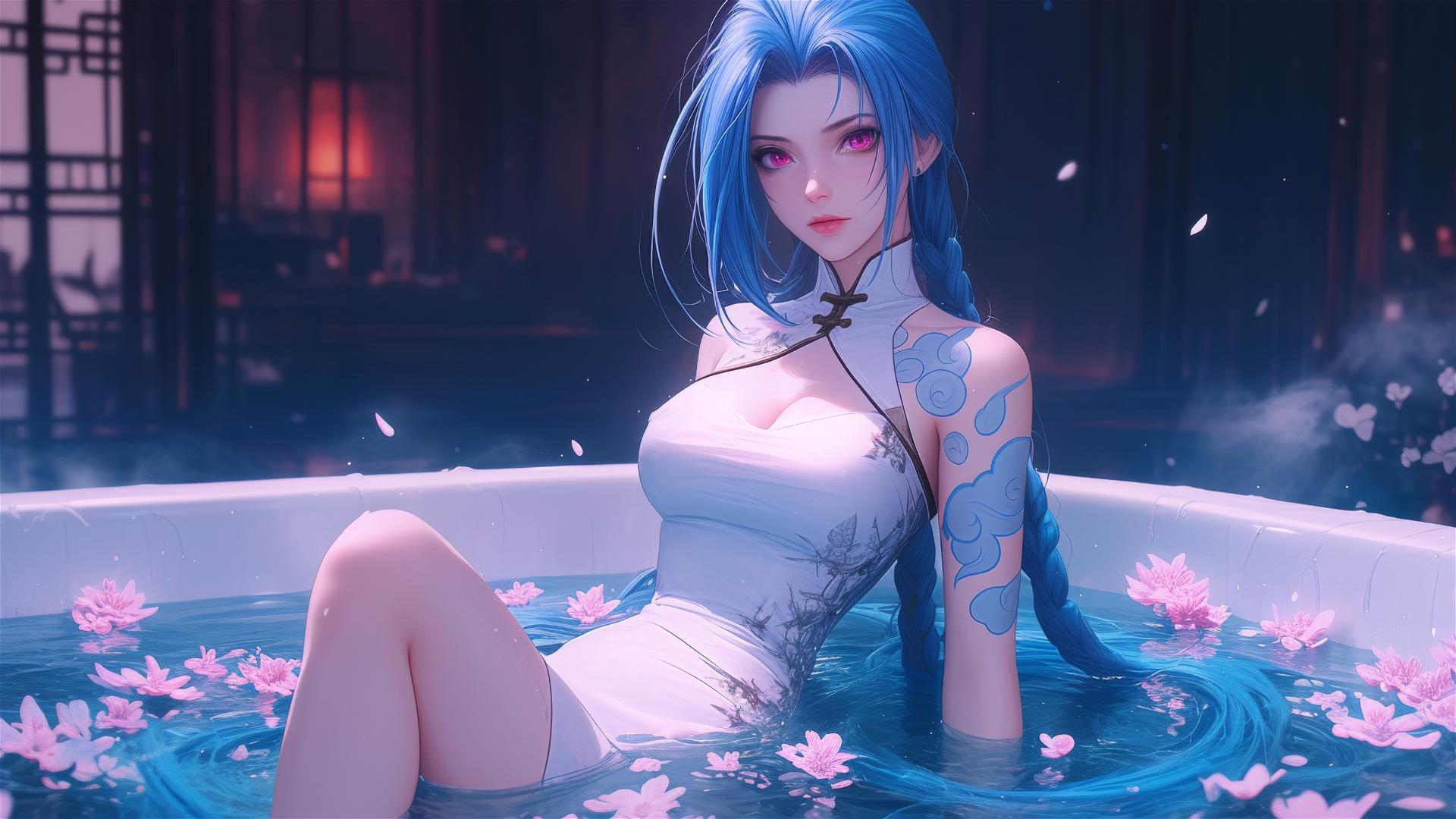 Full body shot of Jinx from League of Legends inside a flower-filled tub in a Chinese spa.